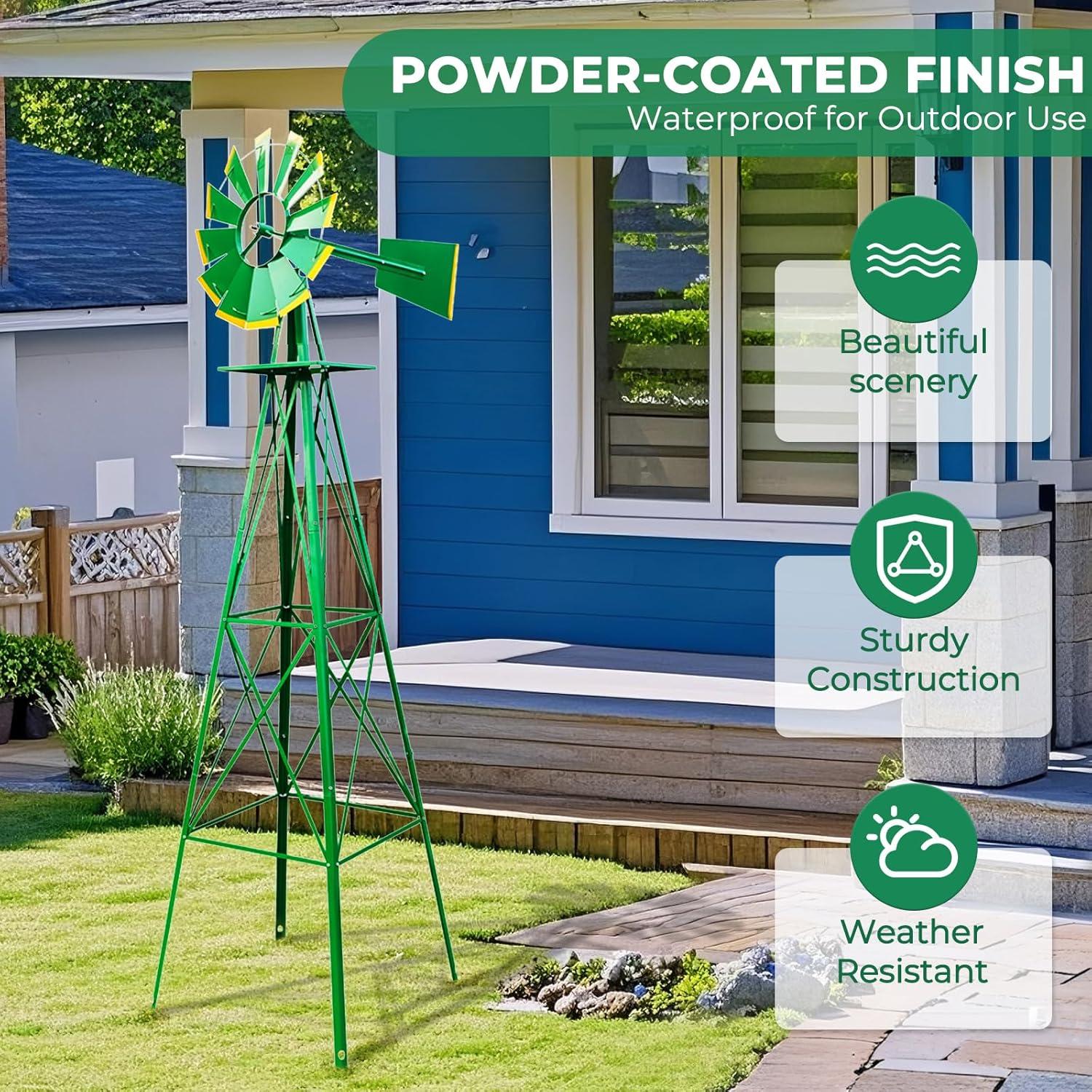 Outdoor Weather Resistant Yard Garden Windmill 8FT Green