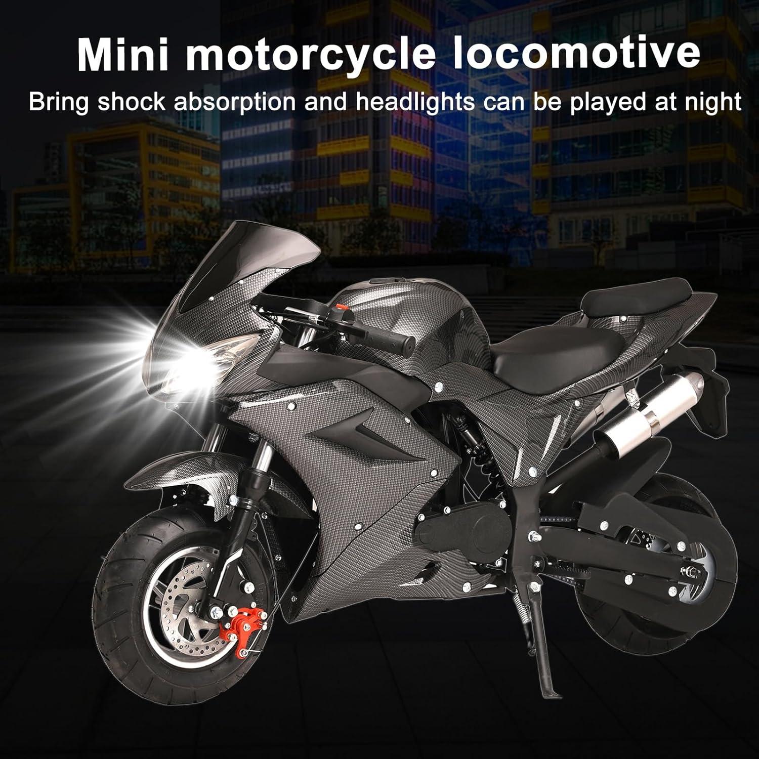 Mini Pocket Bike Motorcycle 49cc 4-Stroke Gas Bike Motorbike with Front Rear Disc Brakes, Gas Pocket Motorbike Racing Max Speed 25MPH, Dual Headlights Black