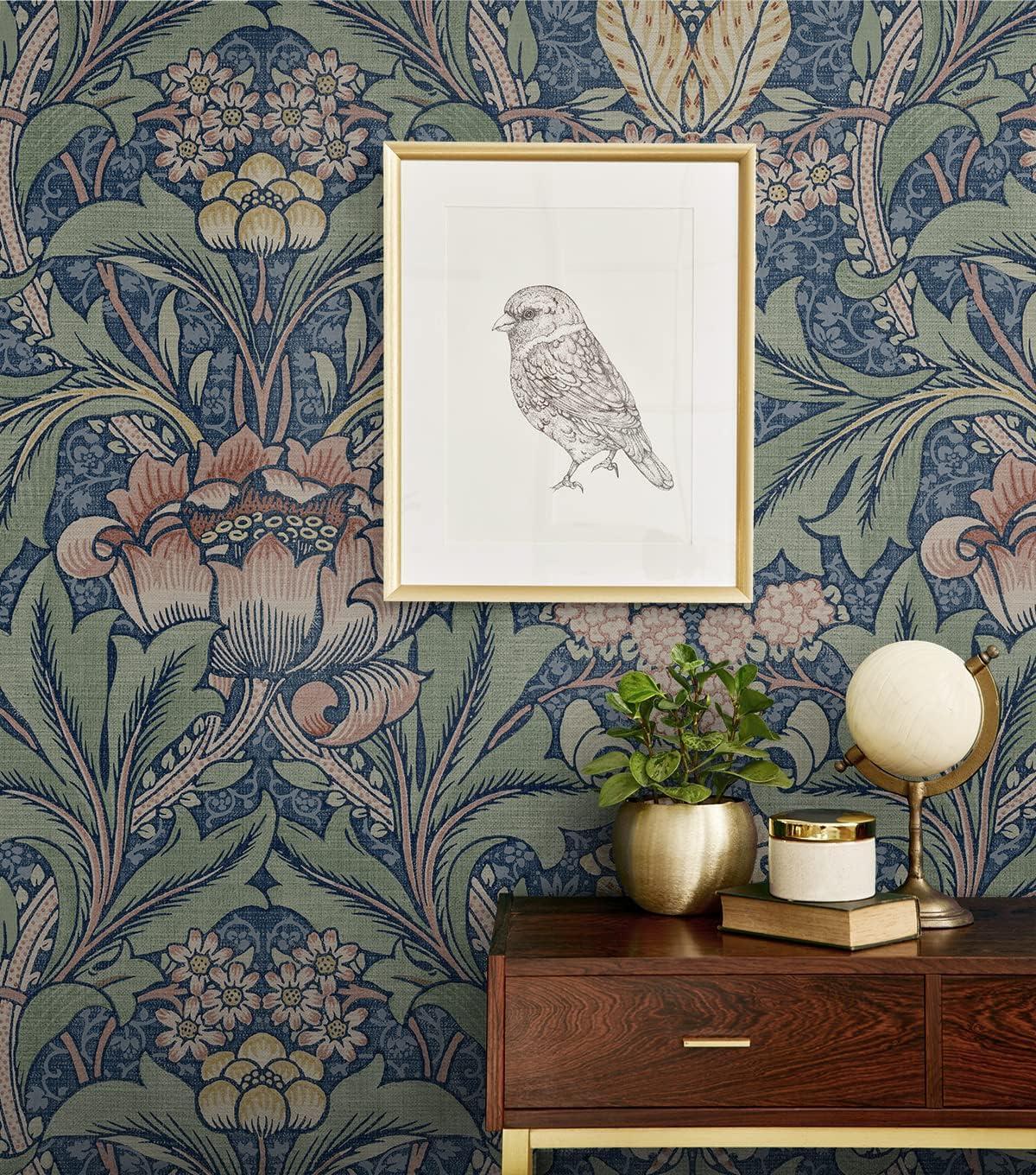 NextWall Acanthus Floral Peel and Stick Wallpaper Blue Denim: Vintage Botanical Vinyl, Self-Adhesive, Washable, 30.75 Sq Ft Coverage