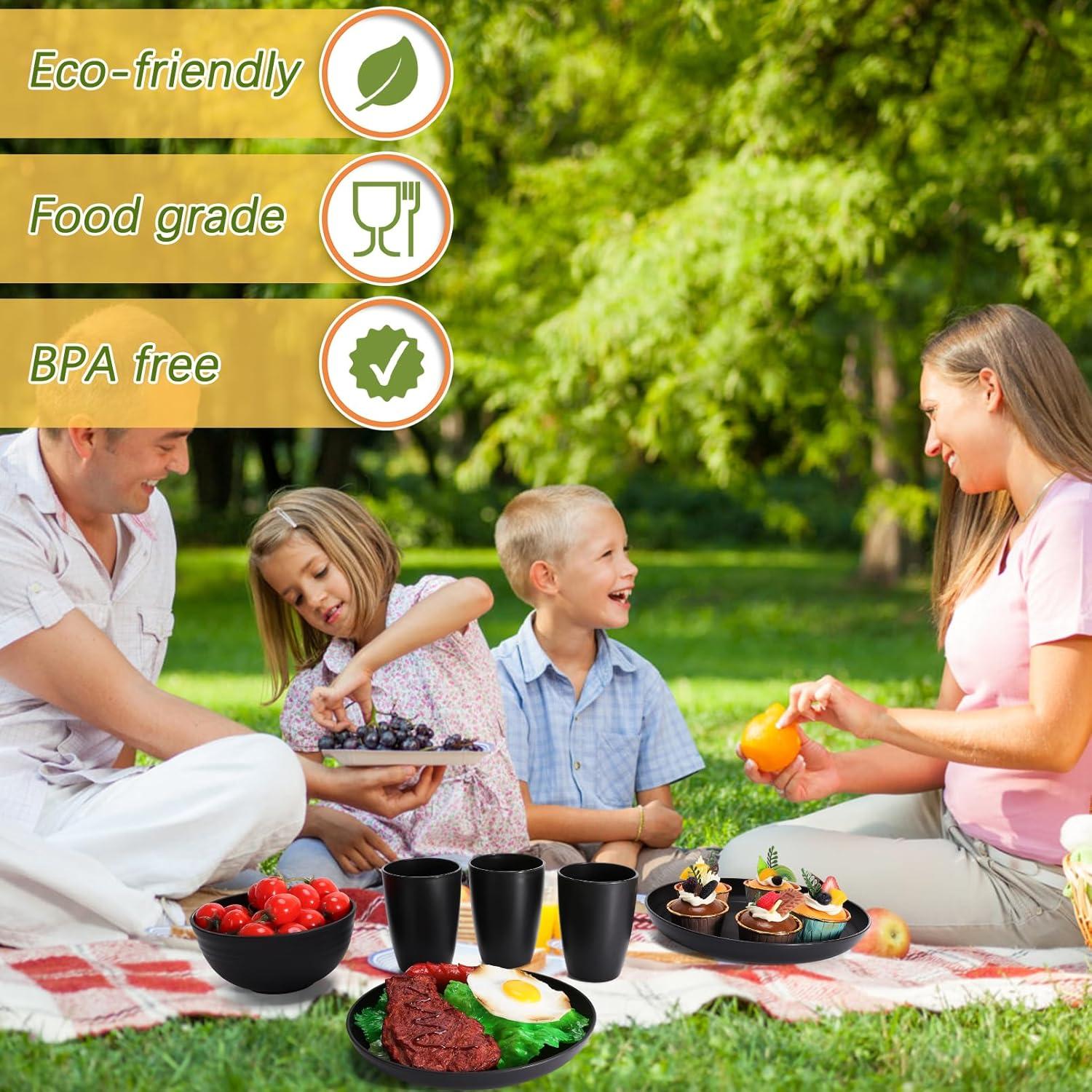 32 Pcs Wheat Straw Dinnerware Sets,Plastic Plates and Bowls Sets for 8,Unbreakable Dinnerware Set,Reusable Lightweight Black Dish Set for Kitchen,Camping,Party,RV,Dishwasher Microwave Safe