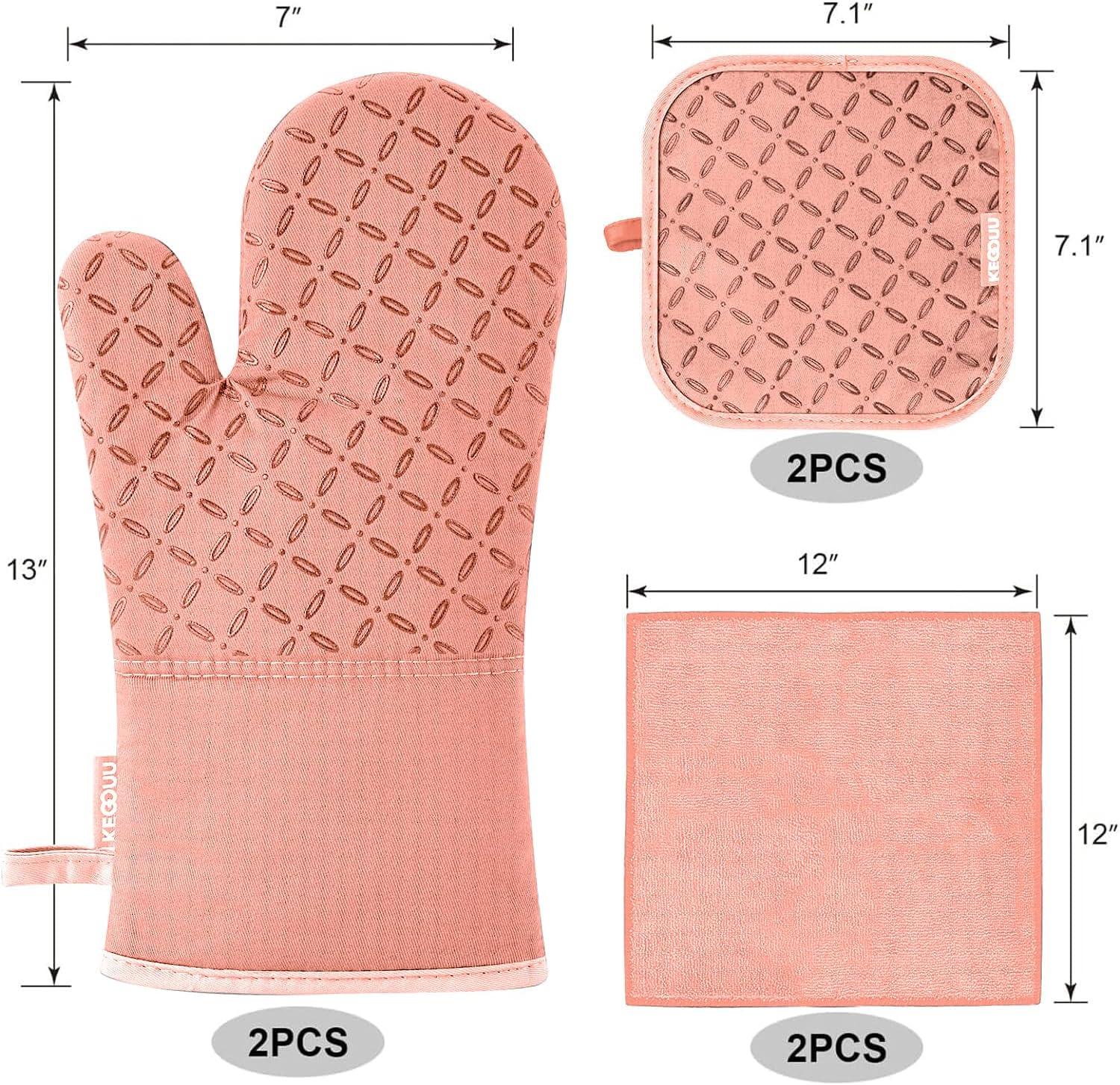 Oven Mitts and Pot Holders 6pcs Set, Kitchen Oven Glove High Heat Resistant 500 Degree Extra Long Oven Mitts and Potholder with Non-Slip Silicone Surface for Cooking (Grey)
