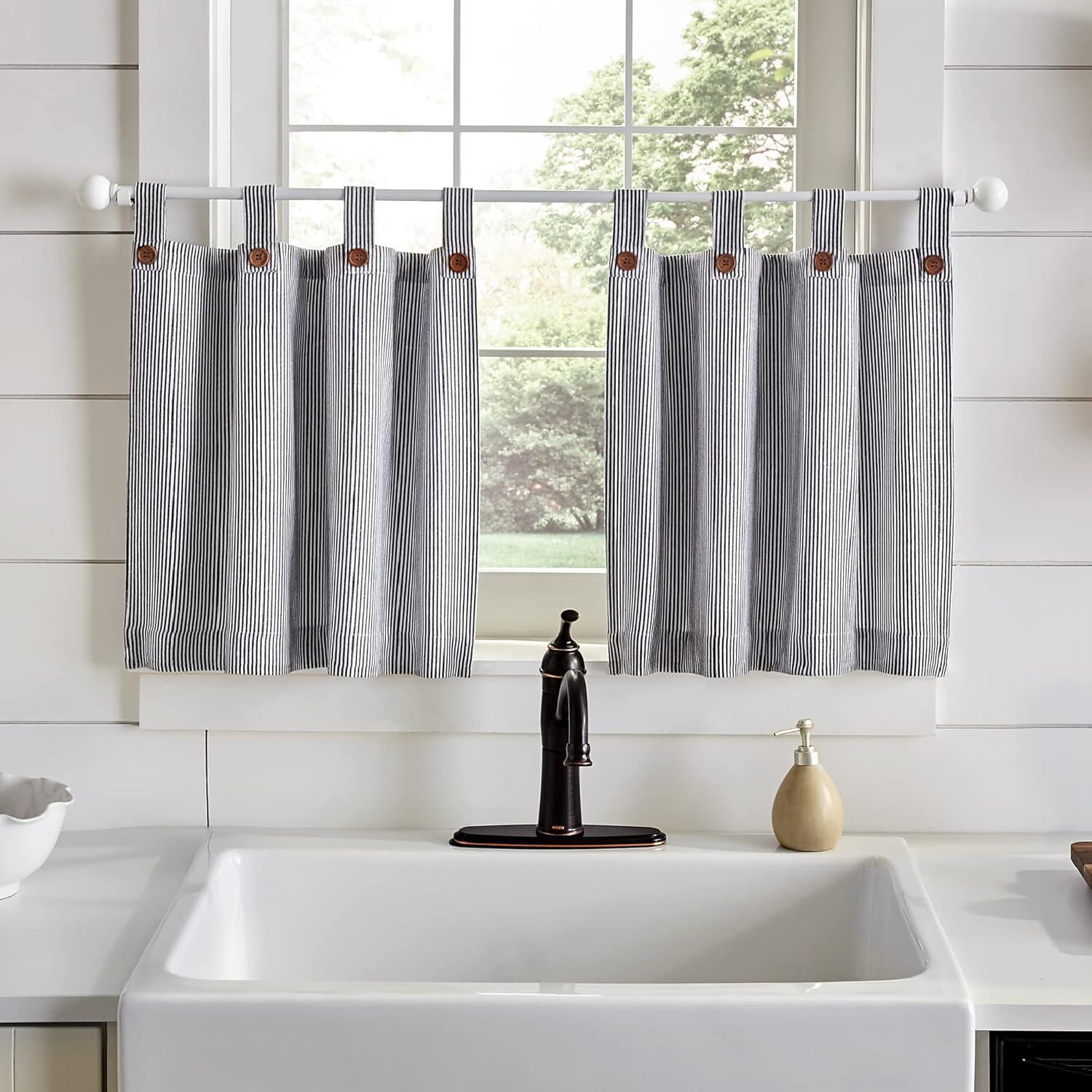 Elrene Tucker Ticking Stripe Kitchen Curtain Tier Set Black 30"w x 24"l