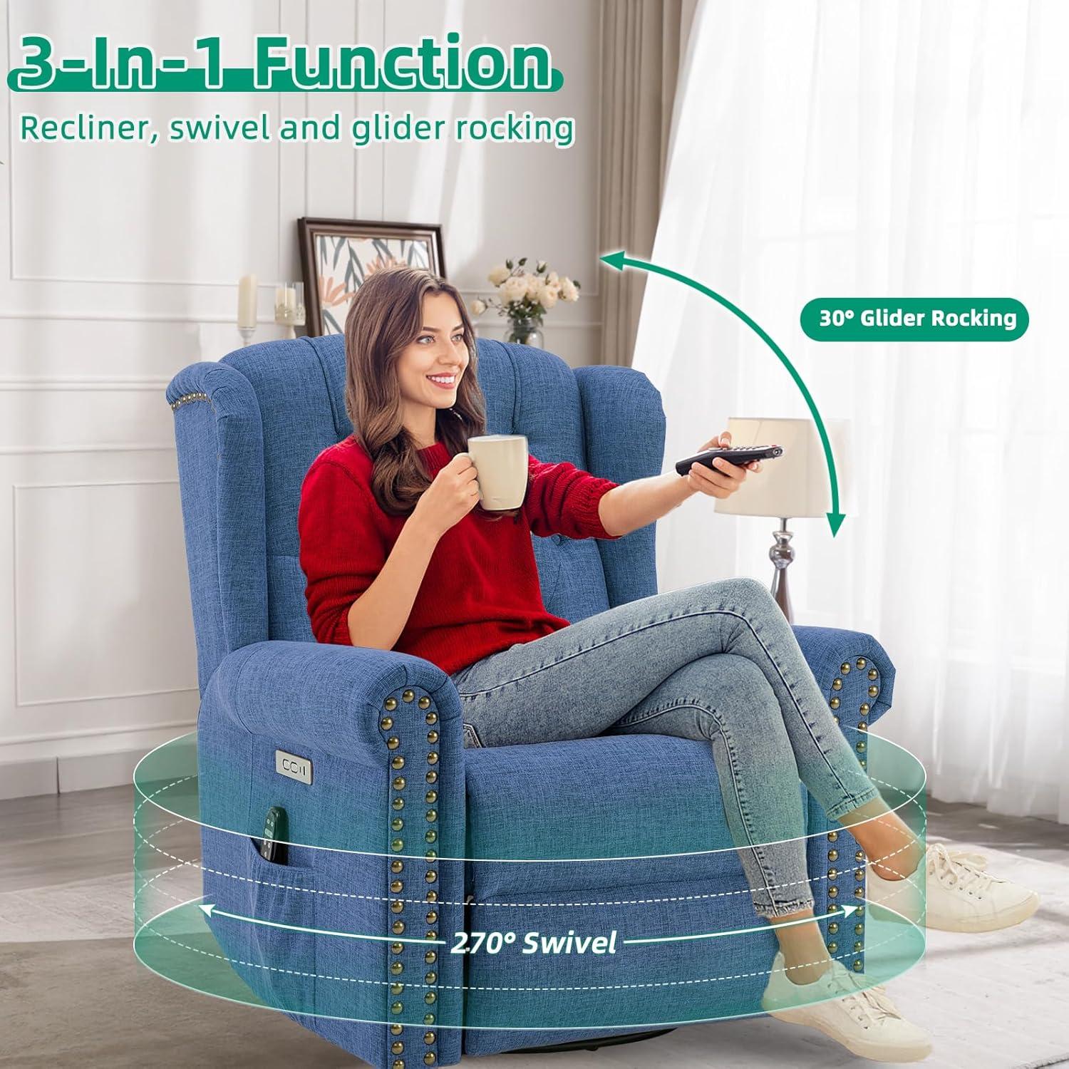 MEETWARM Meetwarm Power Swivel Rocking Glider Recliner Chair With Heat And Vibration, Electric Rocker Nursery Reclining Chair, Wingback Tufted Upholstered Recliner For Living Room, Type-C & Usb Ports