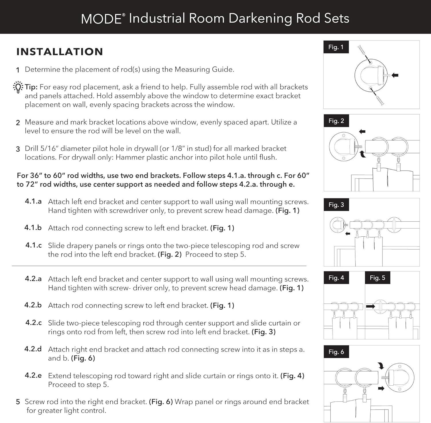 Mode Industrial Room Darkening Collection 1 1/8 in Diameter Curtain Rod Set with Steel Wall Mounted Adjustable, Blocks Light