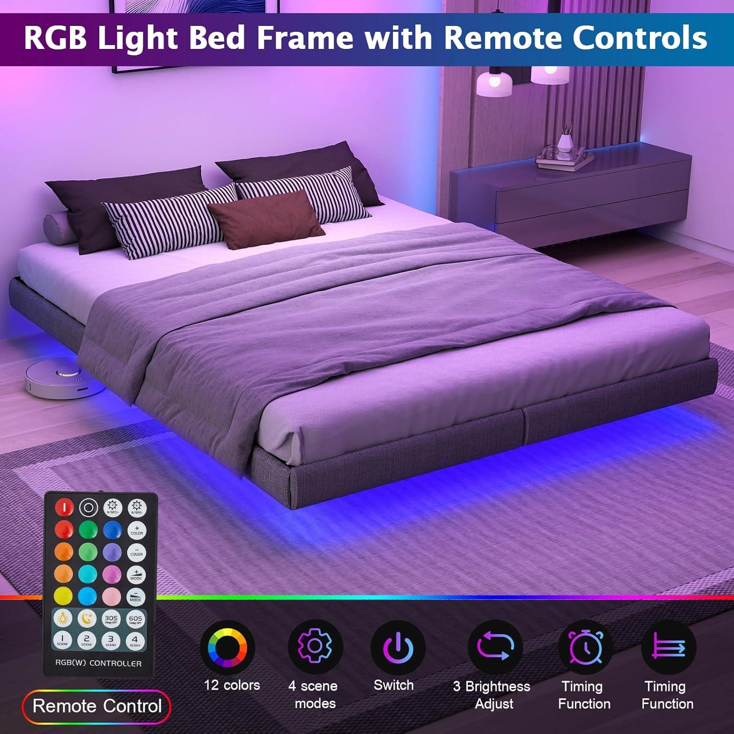 Floating Bed Frame With Led Lights Metal Platform Bed, No Squeak