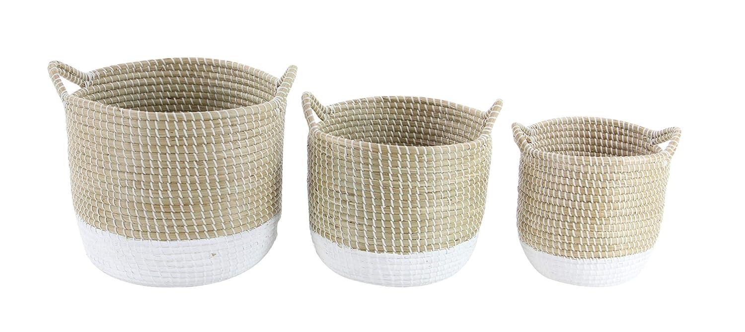 CosmoLiving by Cosmopolitan 13", 16", 18"W Brown Seagrass Handmade Two Toned Storage Basket with Handles, 3-Pieces