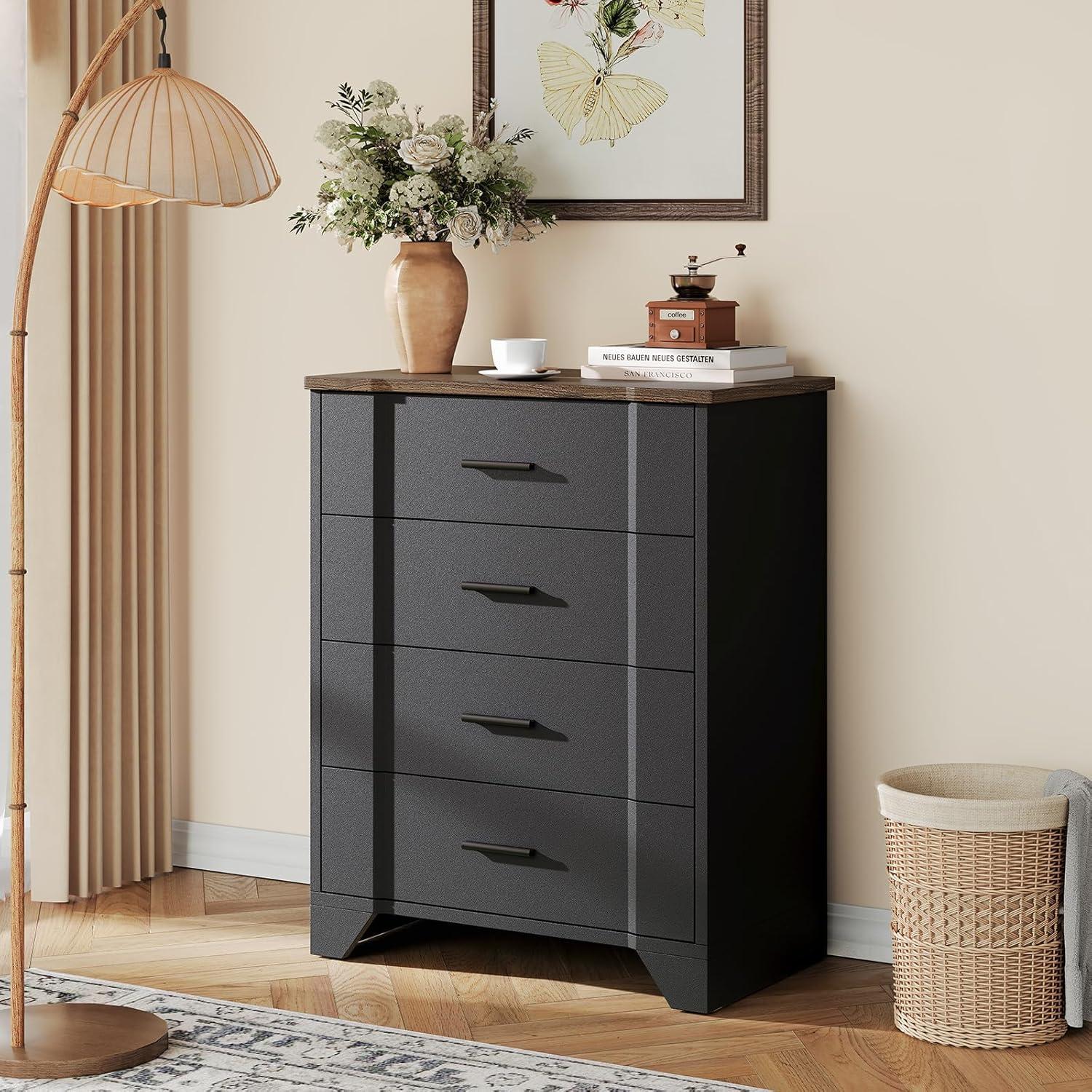 Ebern Designs Farmhouse Cherry Red Curved Tall 4 Drawers Dresser for Bedroom, 4 Chest of Drawers for Closet