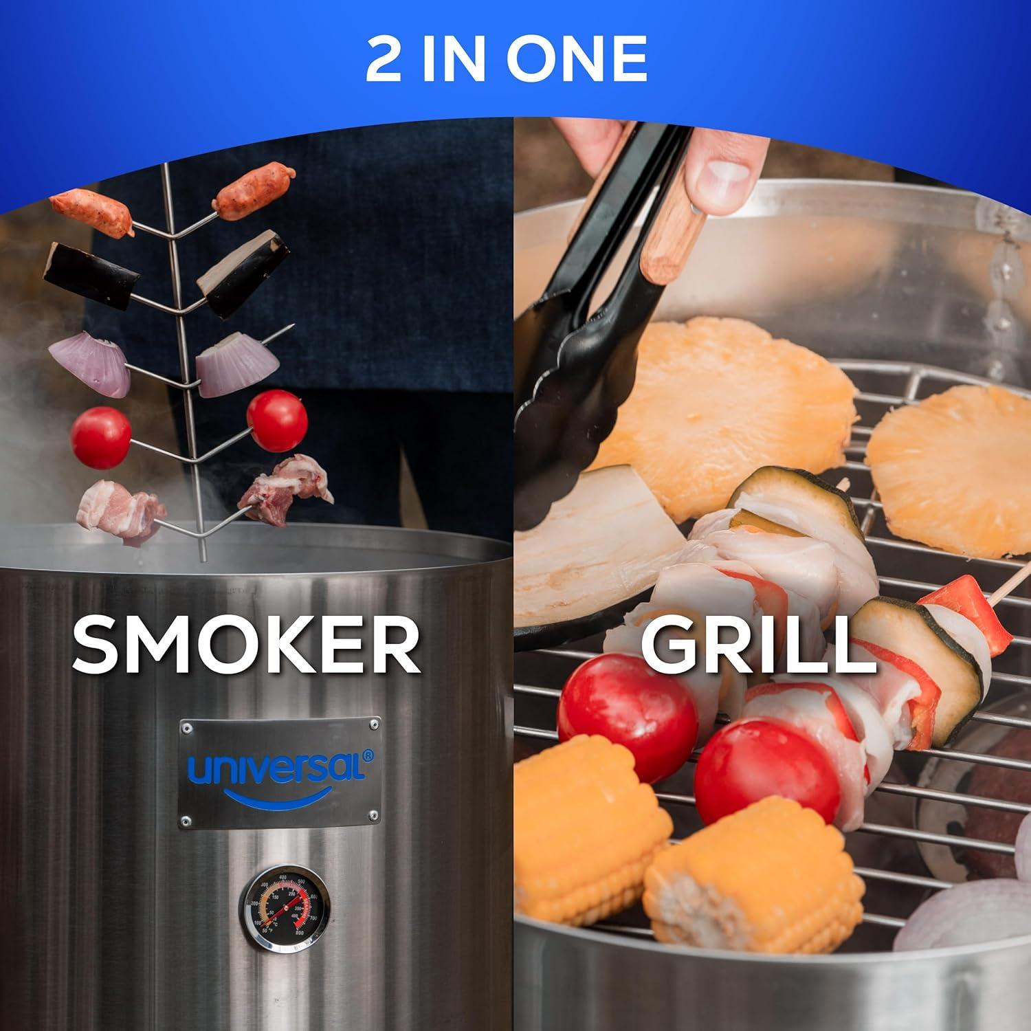 Universal Universal 20-Pound Stainless Steel (25-Servings) Charcoal Barrel Smoker With Thermometer & Airlock System - 20.5 X 29.6 X 15.5 Inch, 2 In 1 Vertical Grill And Smoker, Slow Cooking Barrel