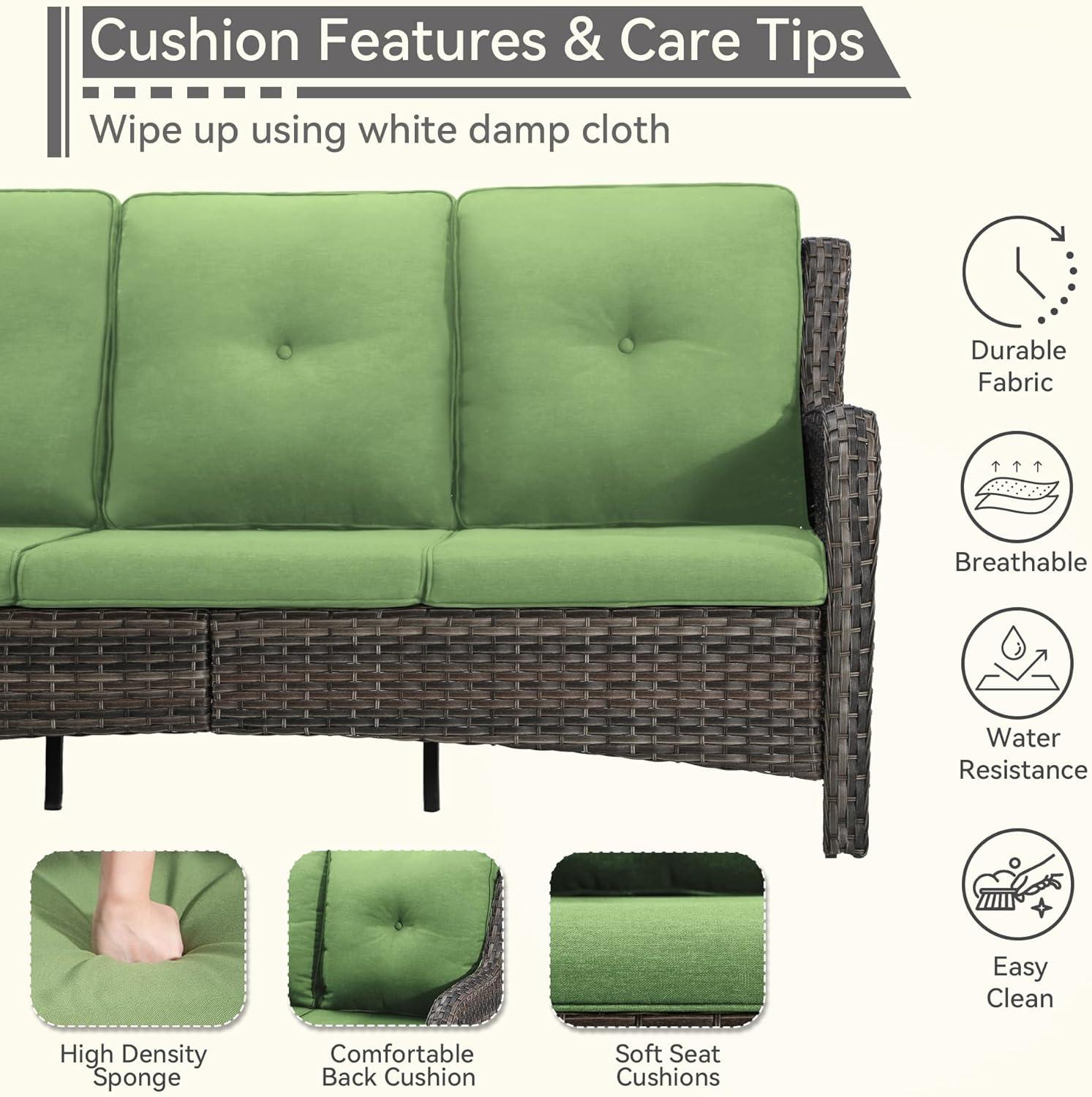 3-Seat Wicker Outdoor Patio Sofa Sectional Couch with Green Cushions
