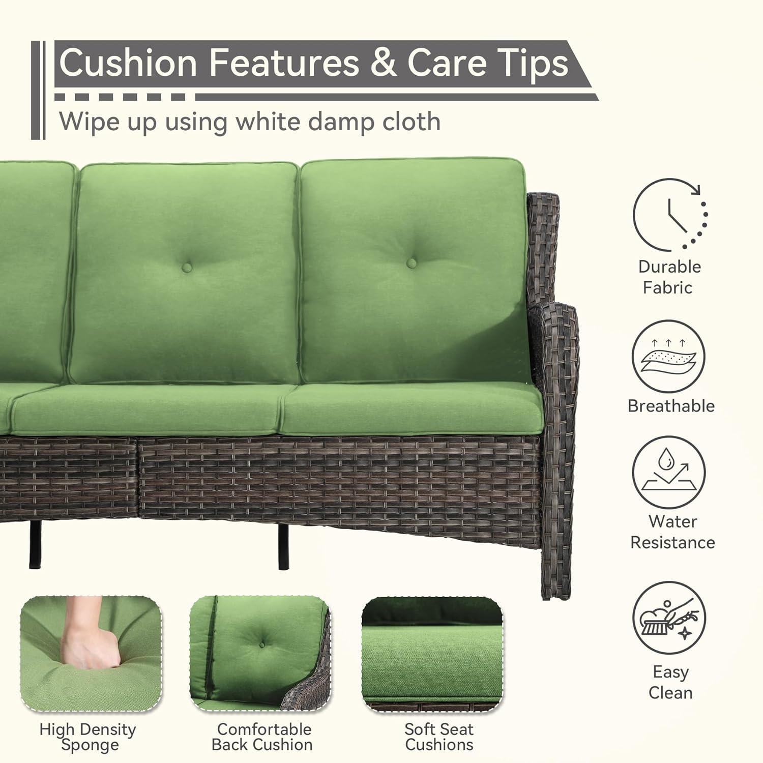 3-Seat Wicker Outdoor Patio Sofa Sectional Couch with Green Cushions