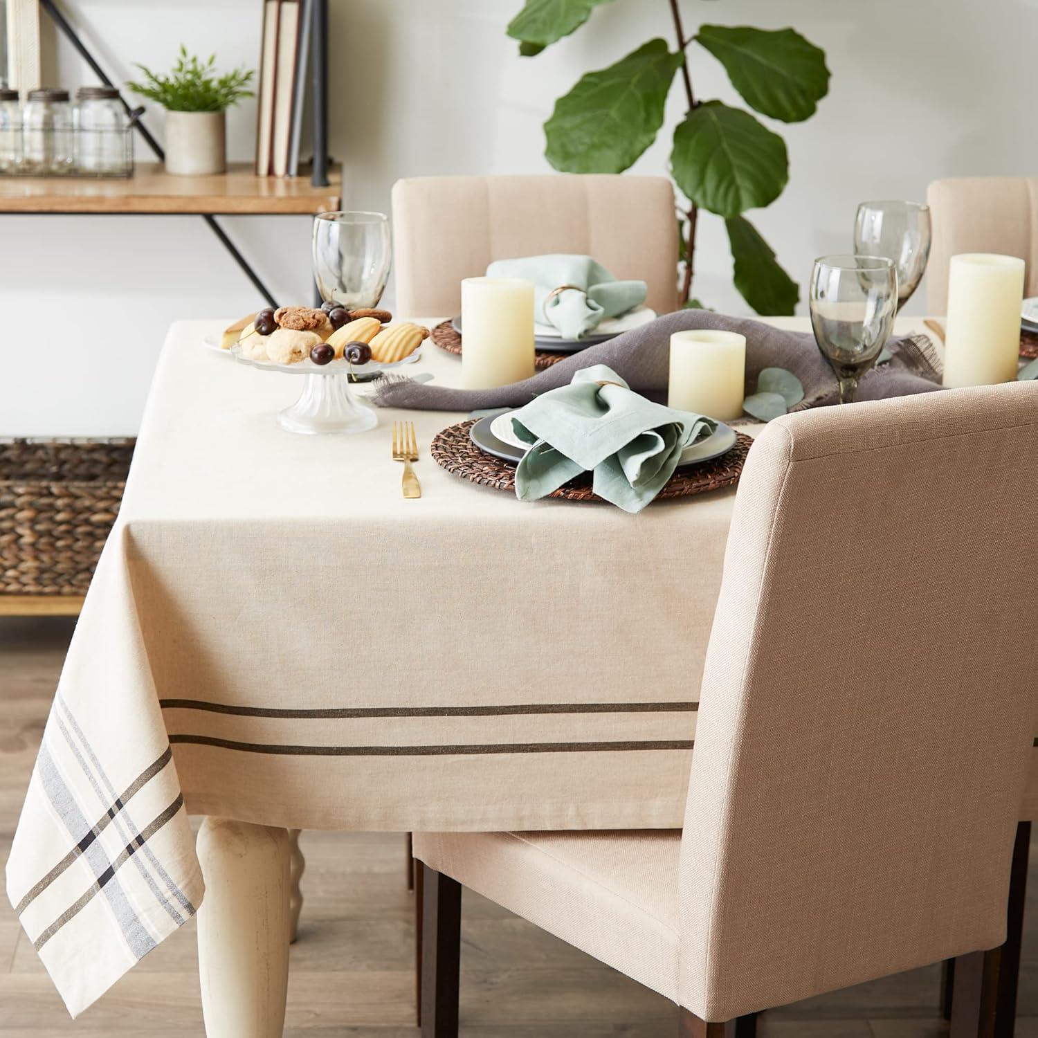 Cream and Taupe Striped Rectangular Cotton Tablecloth