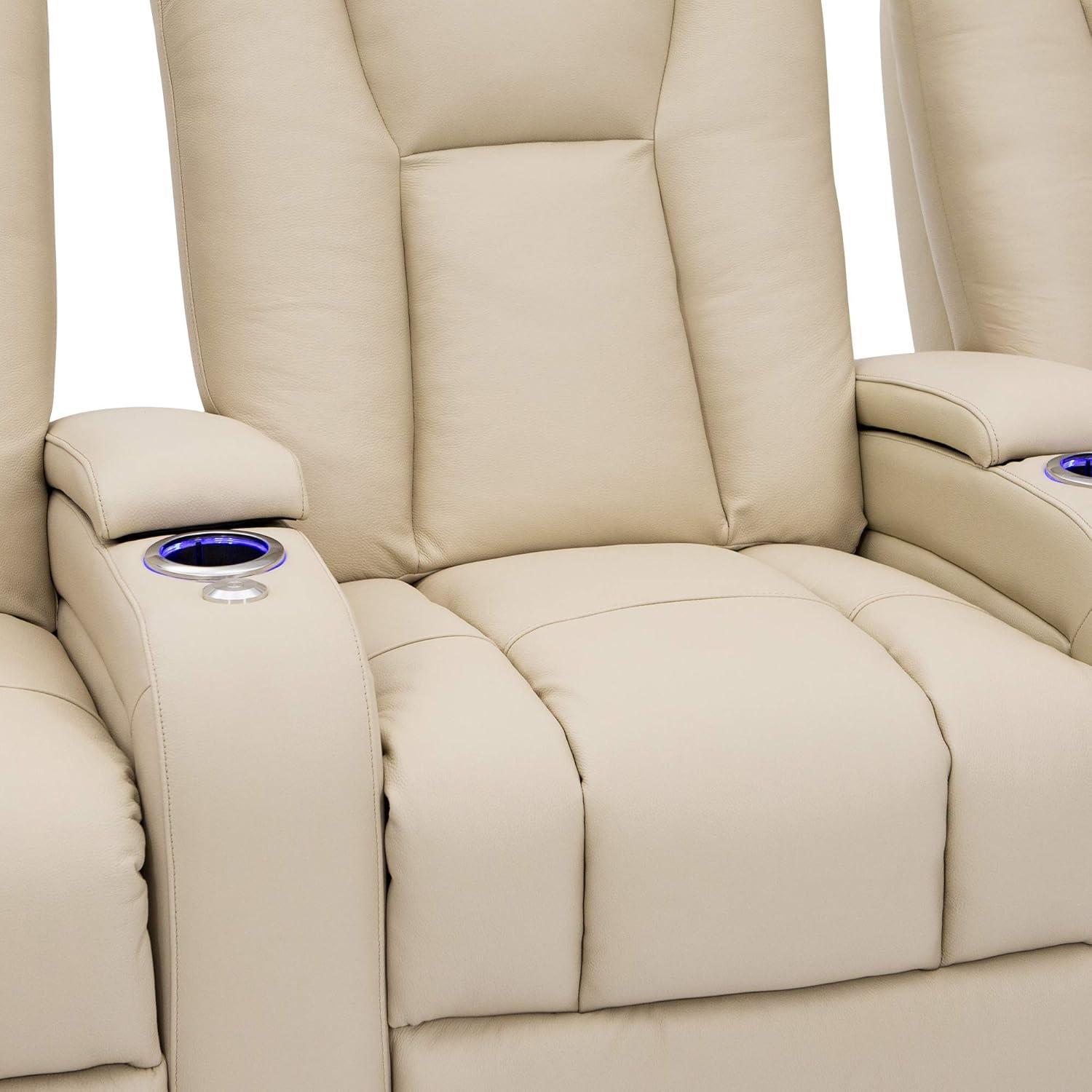 Seatcraft Serenity Italian Leather Home Theater Seating - Living Room - Power Recline - Tray Tables - in-Arm Storage - Ambient Base Lighting and Lighted Cupholders (Row of 4 Middle Loveseat, Cream)