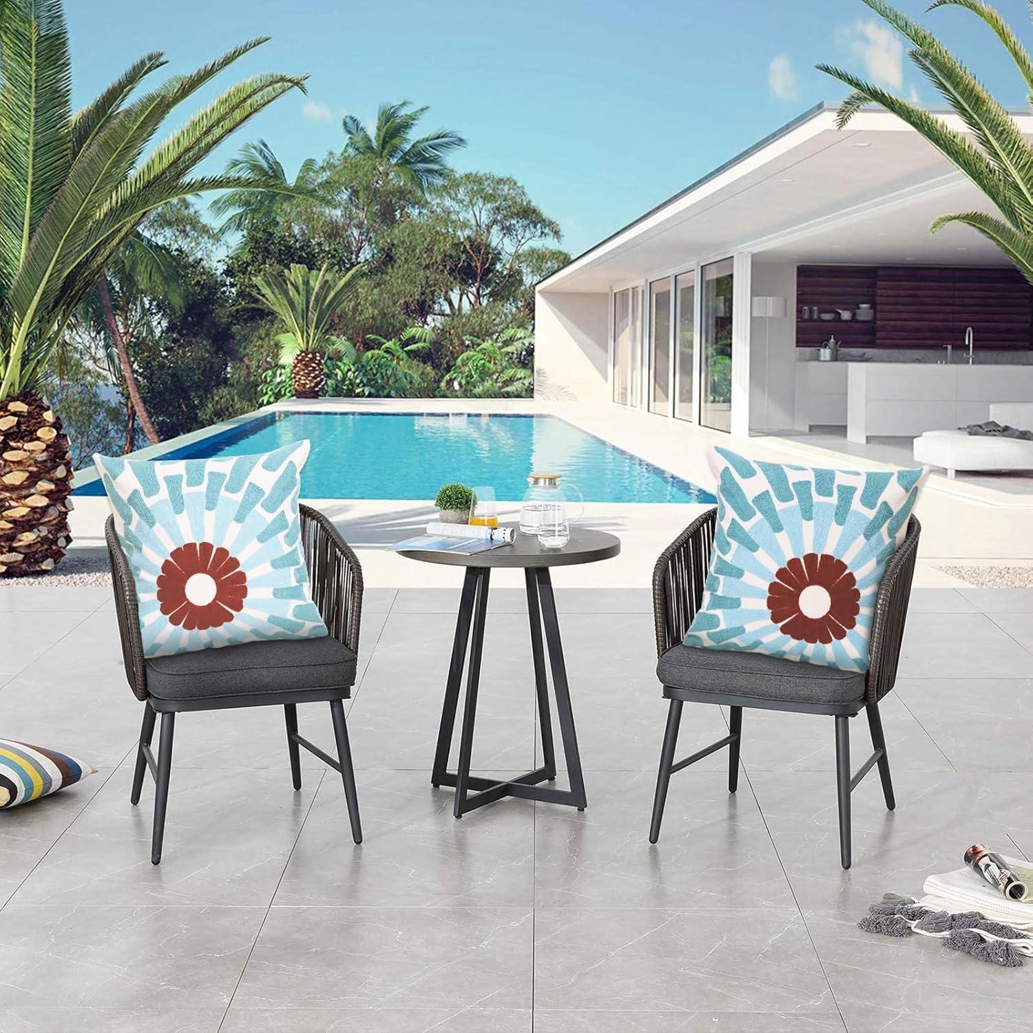 2 PCS Embroidered Throw Pillow Cover Cotton Decorative Square Cushion Cases for Home Sofa Bed and Chair 18 x 18 Inch (Blue Flower-2)