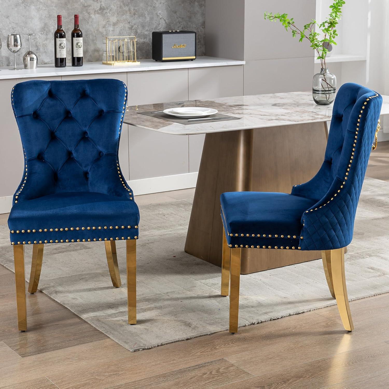 Velvet Upholstered Dining Chairs, Set of 2, Dining Room Tufted Chair, Modern Button Tufted Armless Chairs with Nailhead Trim and Back Ring Pull, Gold Legs, for Dining Room, Kitchen, Navy