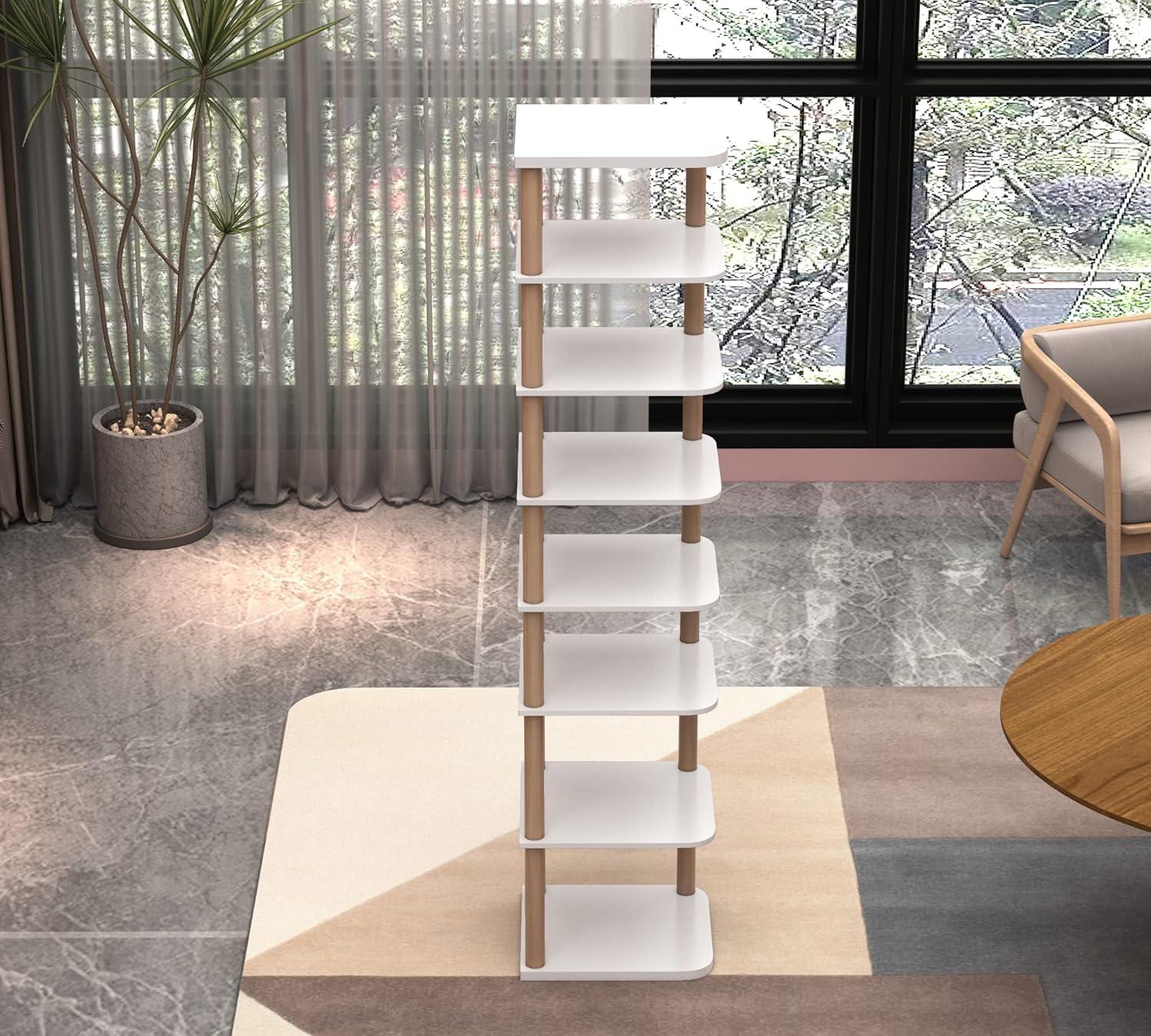 LUCKNOCK Vertical Shoe Rack, 8-Tier Tall Narrow Shoe Organizer for Entryway, Closet, Dorm & Small Spaces, Freestanding White Wooden Shoe Shelf Tower for Boots, Sneakers, Heels.