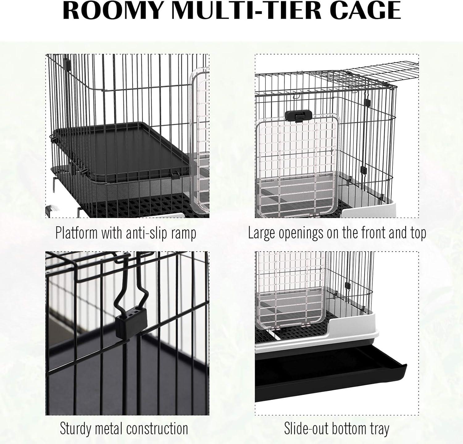 PawHut 2-Level Small Animal Cage Rabbit Hutch with Wheels, Removable Tray, Platform and Ramp for Bunny, Chinchillas, Ferret, Black