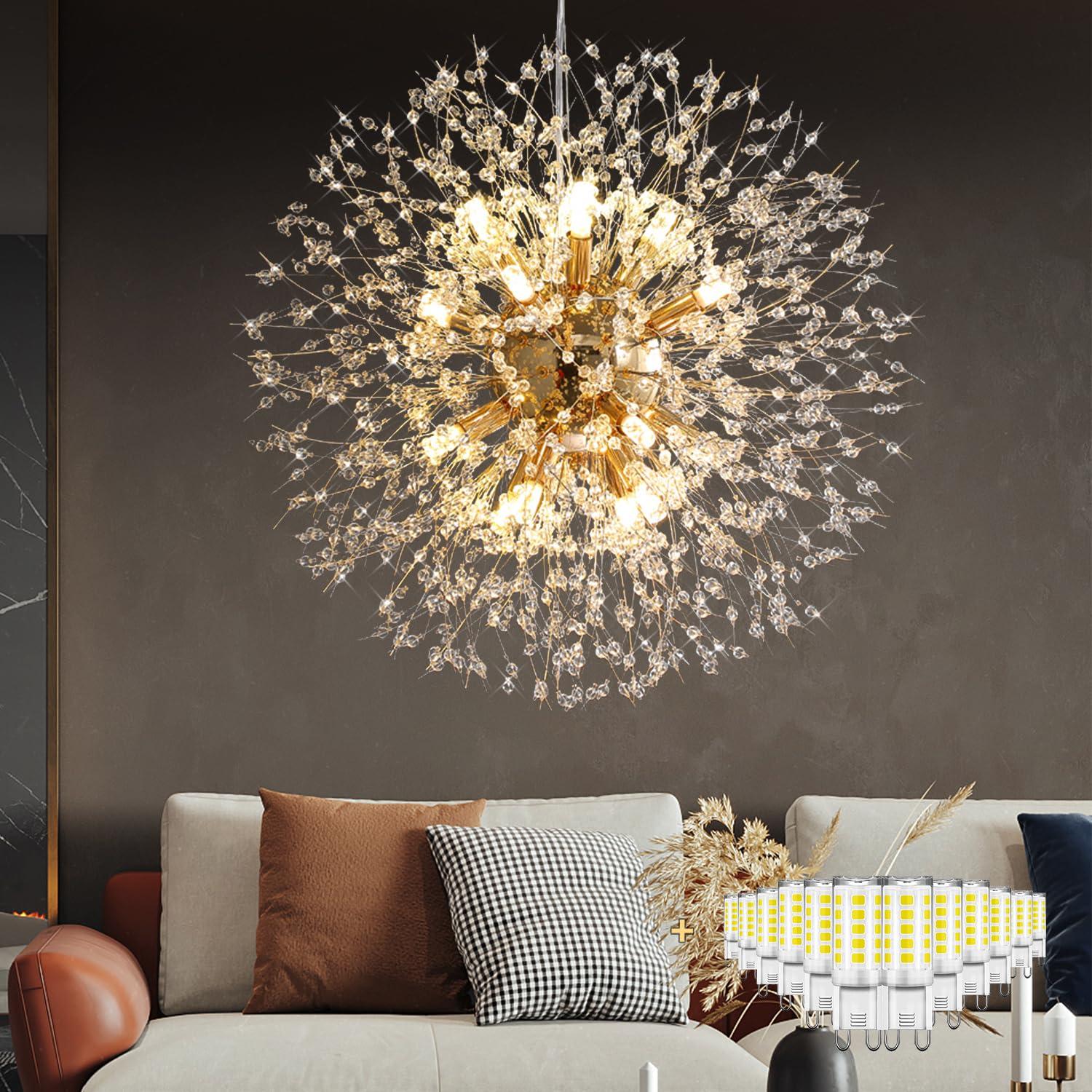 Mercer41 Modern Gold Crystal Chandelier With 12-Light Firework Design, Adjustable Dandelion Pendant Lighting For Dining Room, Living Room, Bedroom, Kitchen, And Hallway