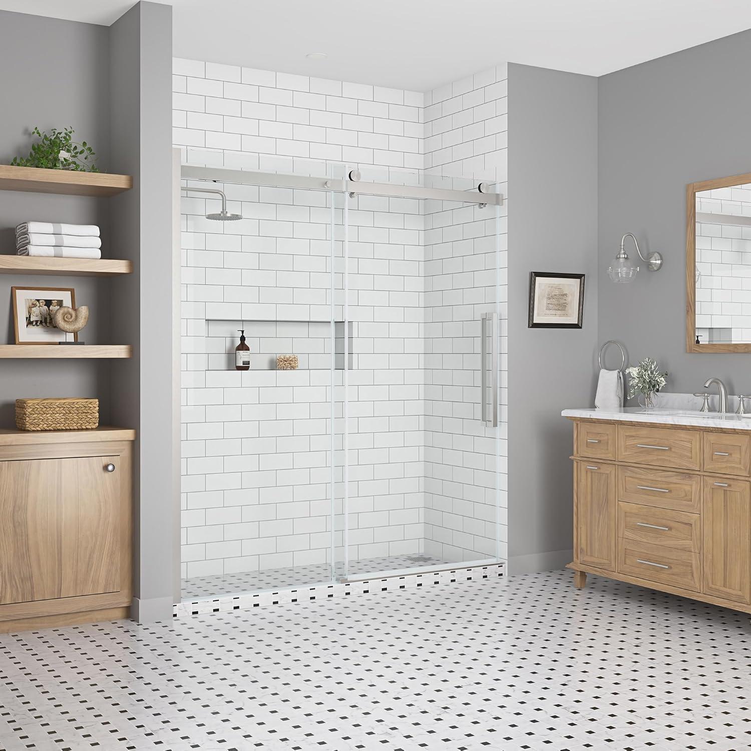 OVE Decors Bel Soft Close Satin nickel 72-in W x 78.75-in H Frameless Clear Glass Sliding Soft Close Shower door