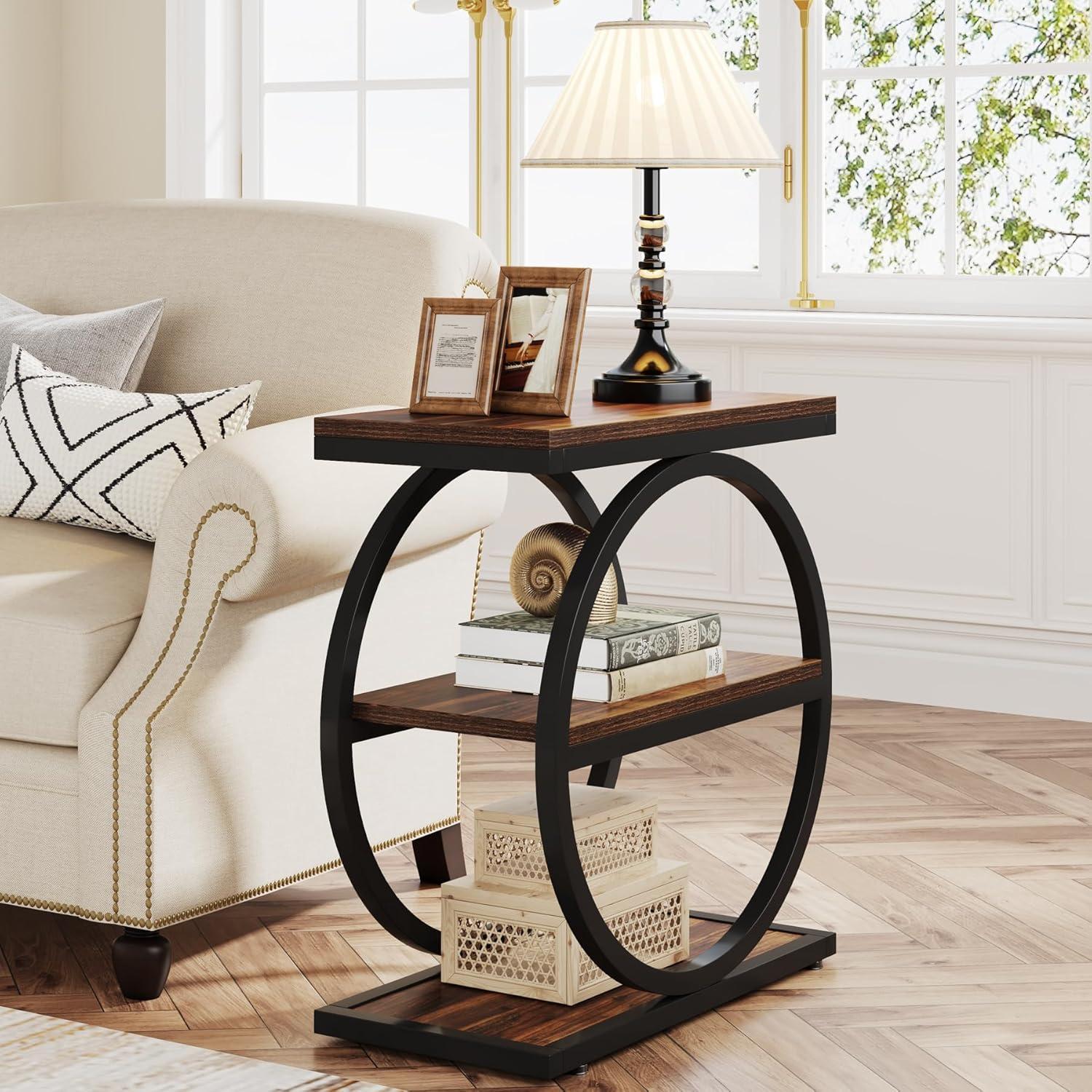 Industrial Dark Wood and Black Metal 3-Tier End Table