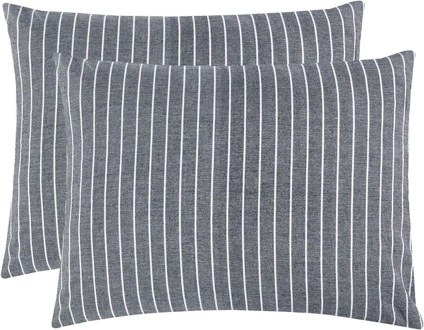 Wake In Cloud - Striped Pillow Cases, 100% Washed Cotton, Ticking Stripe Vertical Pinstripe Neutral Farmhouse, Set of 2 Pillowcases Pillow Shams Covers, Gray, Standard Size 20x26 Inches