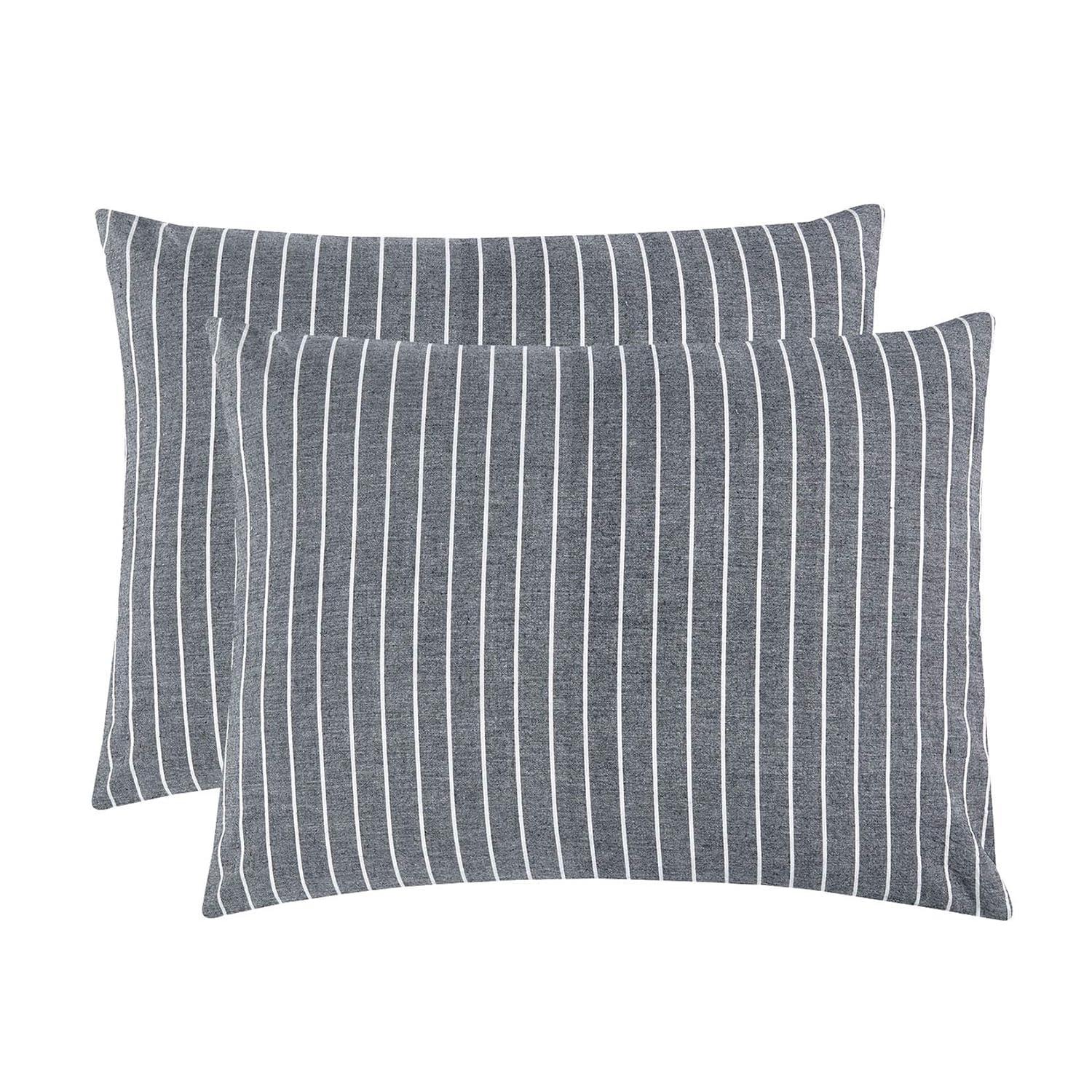 Wake In Cloud - Striped Pillow Cases, 100% Washed Cotton, Ticking Stripe Vertical Pinstripe Neutral Farmhouse, Set of 2 Pillowcases Pillow Shams Covers, Gray, Standard Size 20x26 Inches