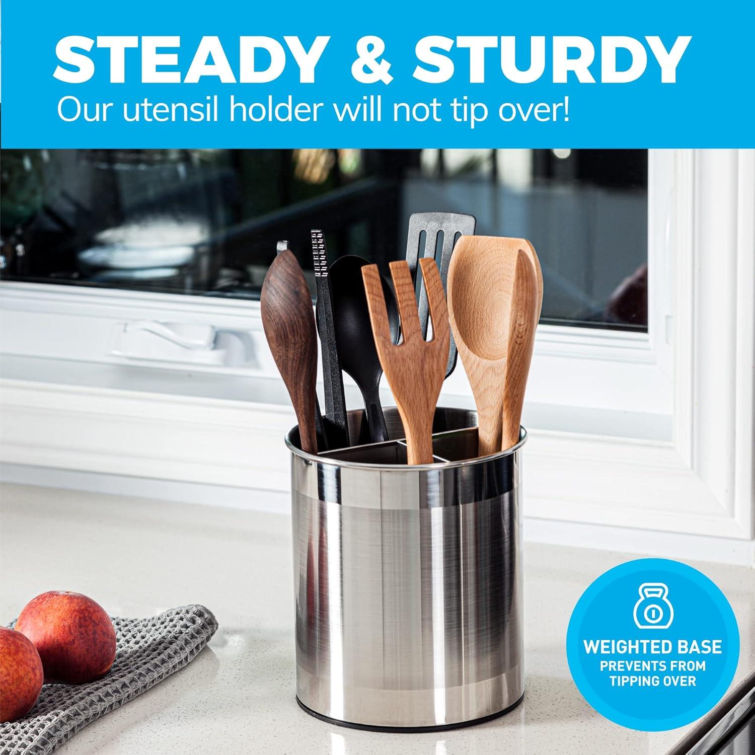 Extra Large Rotating Utensil Holder Caddy with Sturdy No-Tip Weighted Base, Removable Divider, and Gripped Insert: Metal | Rust Proof and Dishwasher Safe