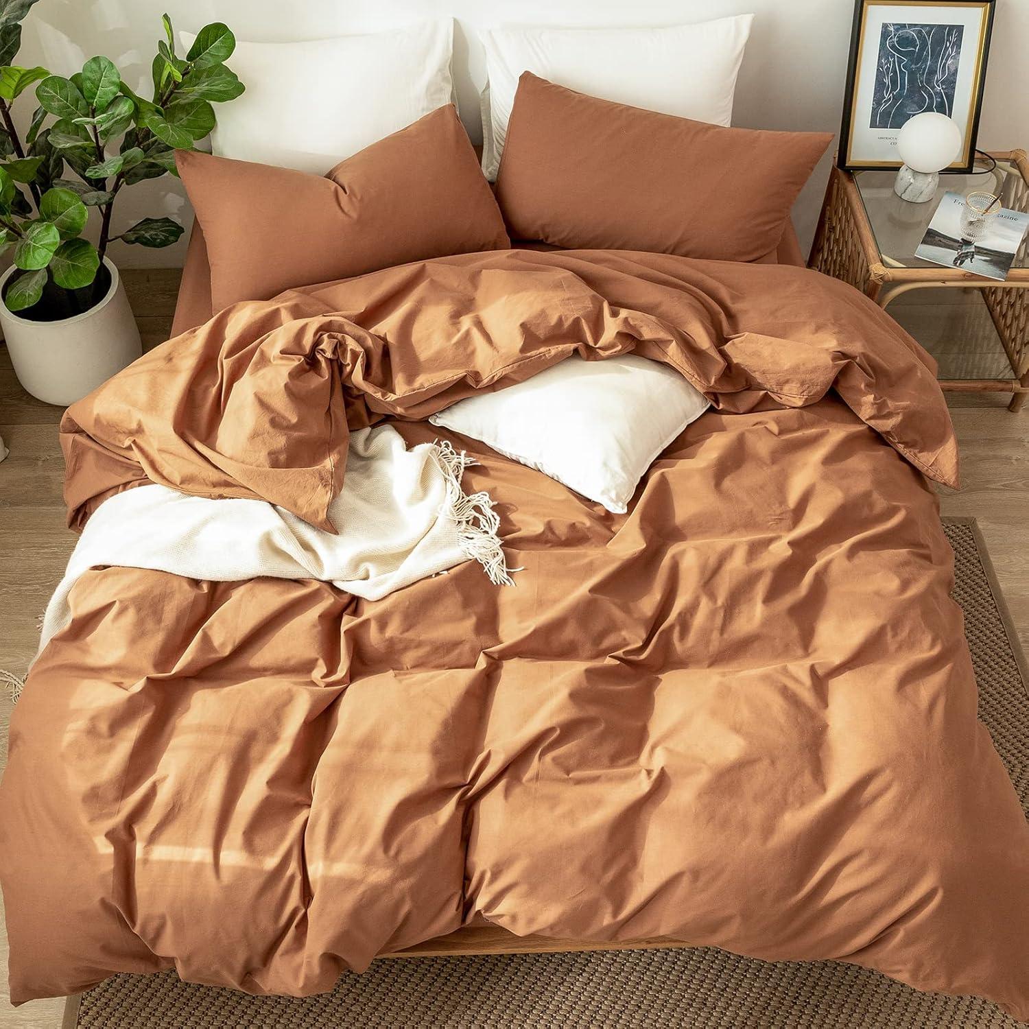 MOOMEE 100% Washed Cotton Linen Like Textured Duvet Cover Set