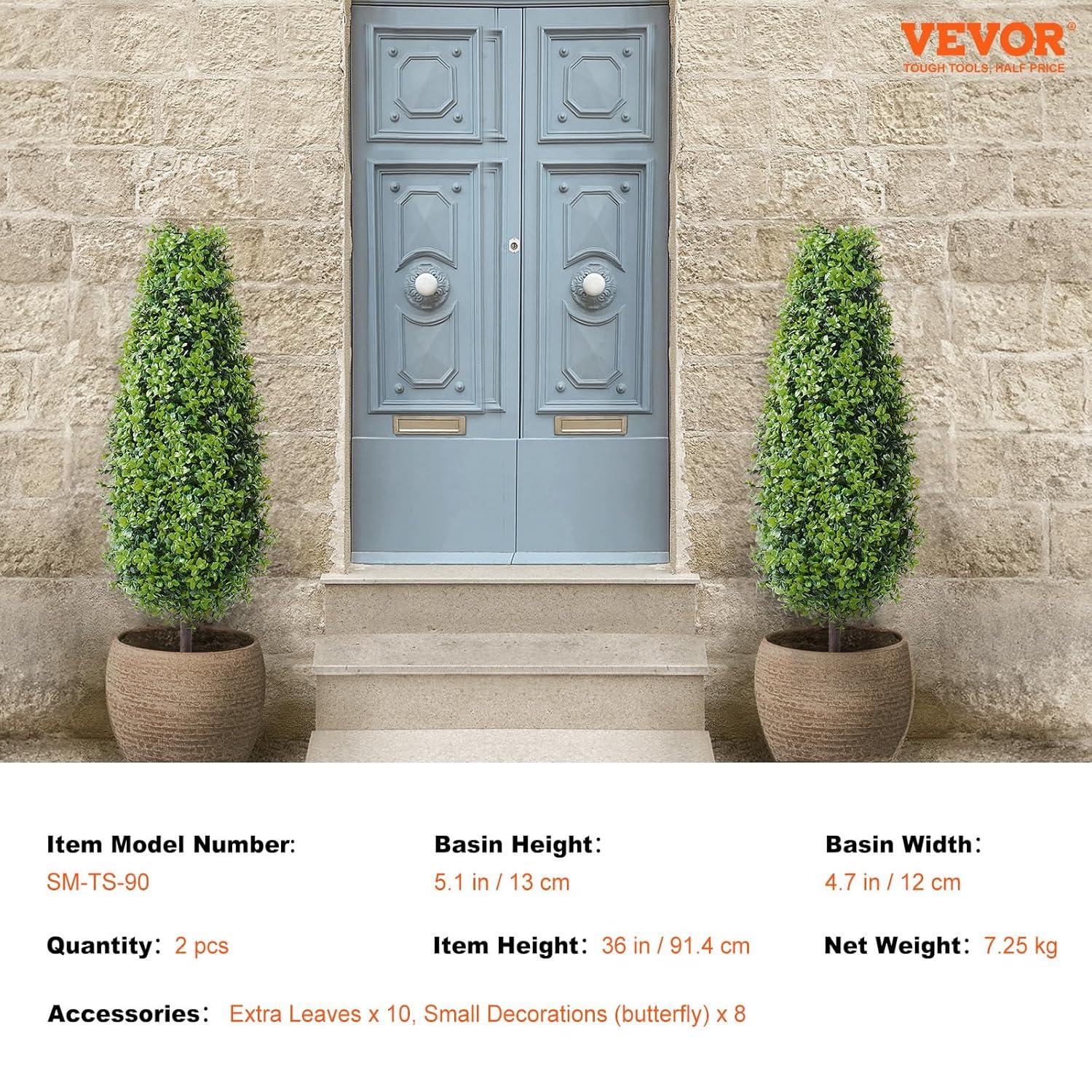 VEVOR Artificial Boxwood Topiary Tree, 36 inch Tall (2 Pieces), Faux Topiary Trees, Green Faux Plant w/Extra Leaves & Pot & Small Decoration, UV Rated Greenery Set for Home Decor Indoor/Outdoor