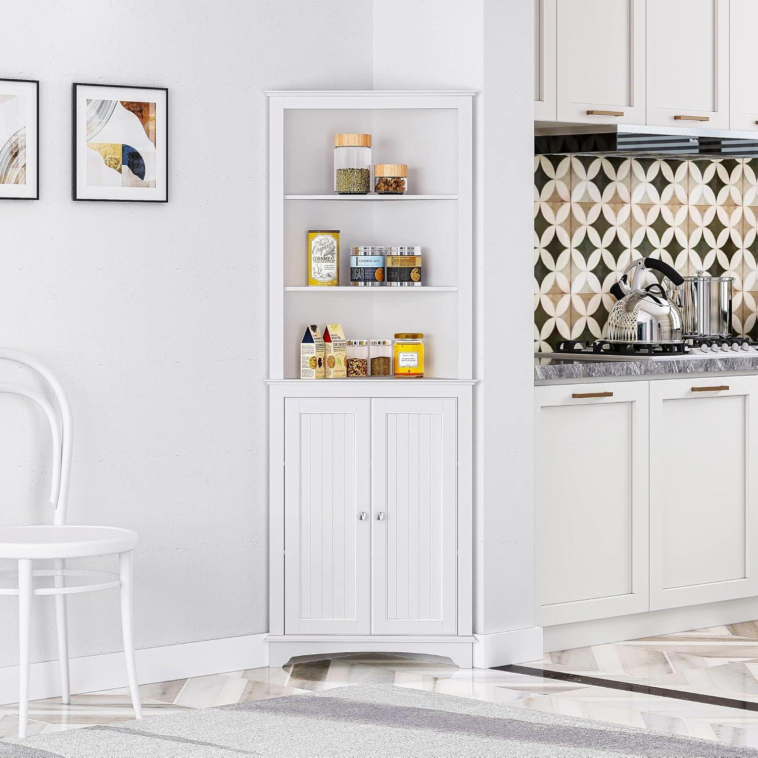 Tall White Lockable Corner Cabinet with Adjustable Shelving