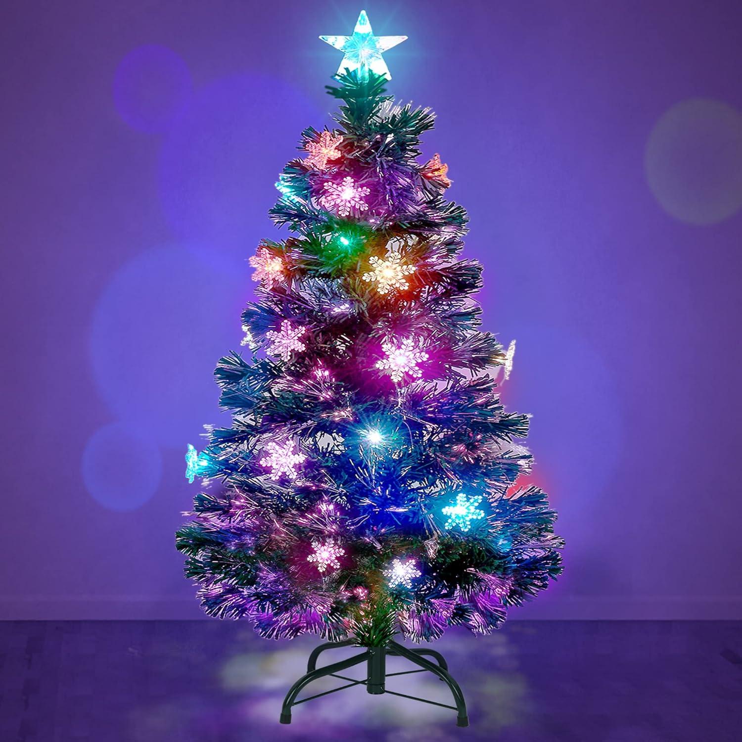 5 FT Artificial Tree, Pre-Lit Optical Fiber Trees with Multicolor LED Lights, Snowflakes & Top Star, Lighted Tree Holiday Home Decor