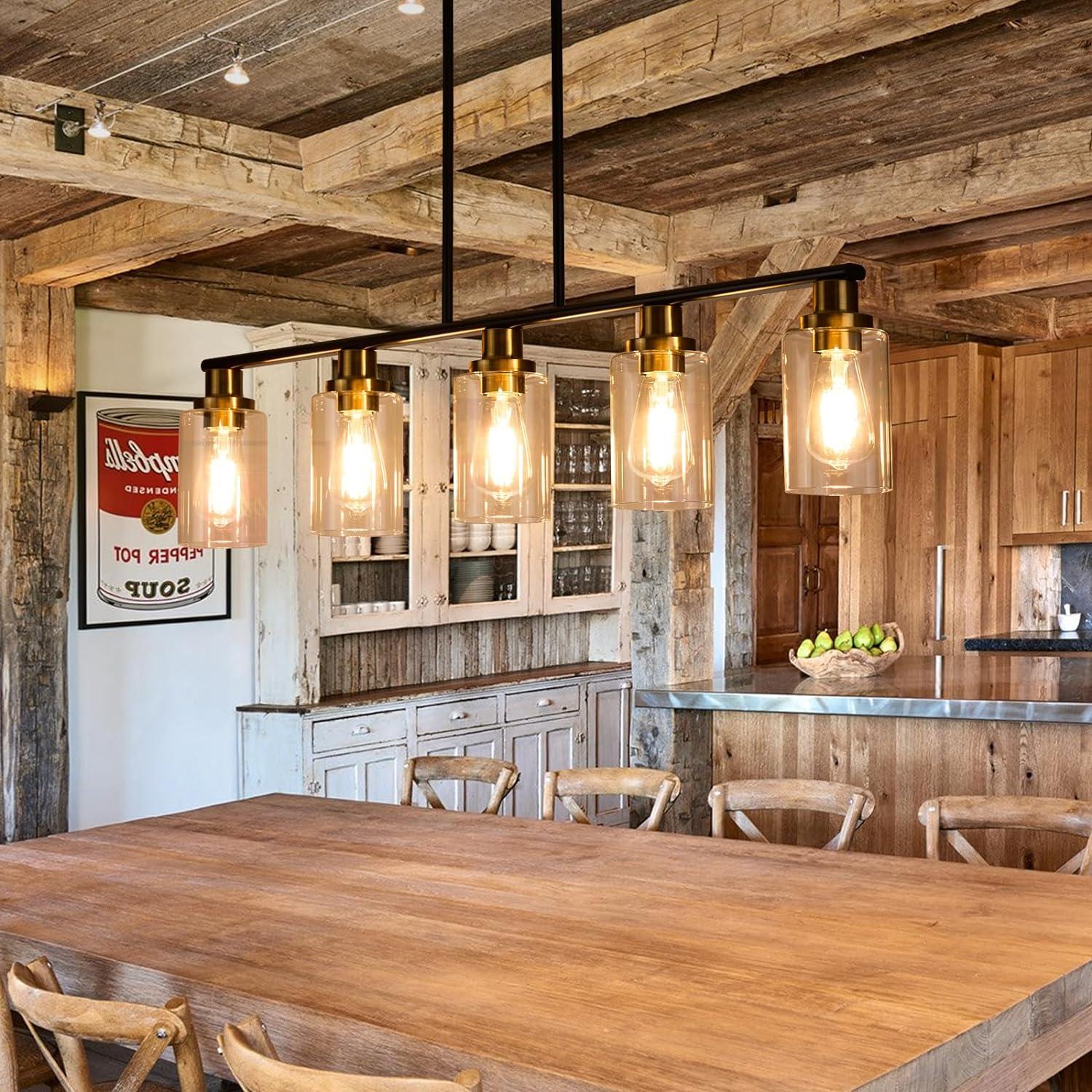 Modern Black and Brass 5-Light Island Chandelier with Glass Shades