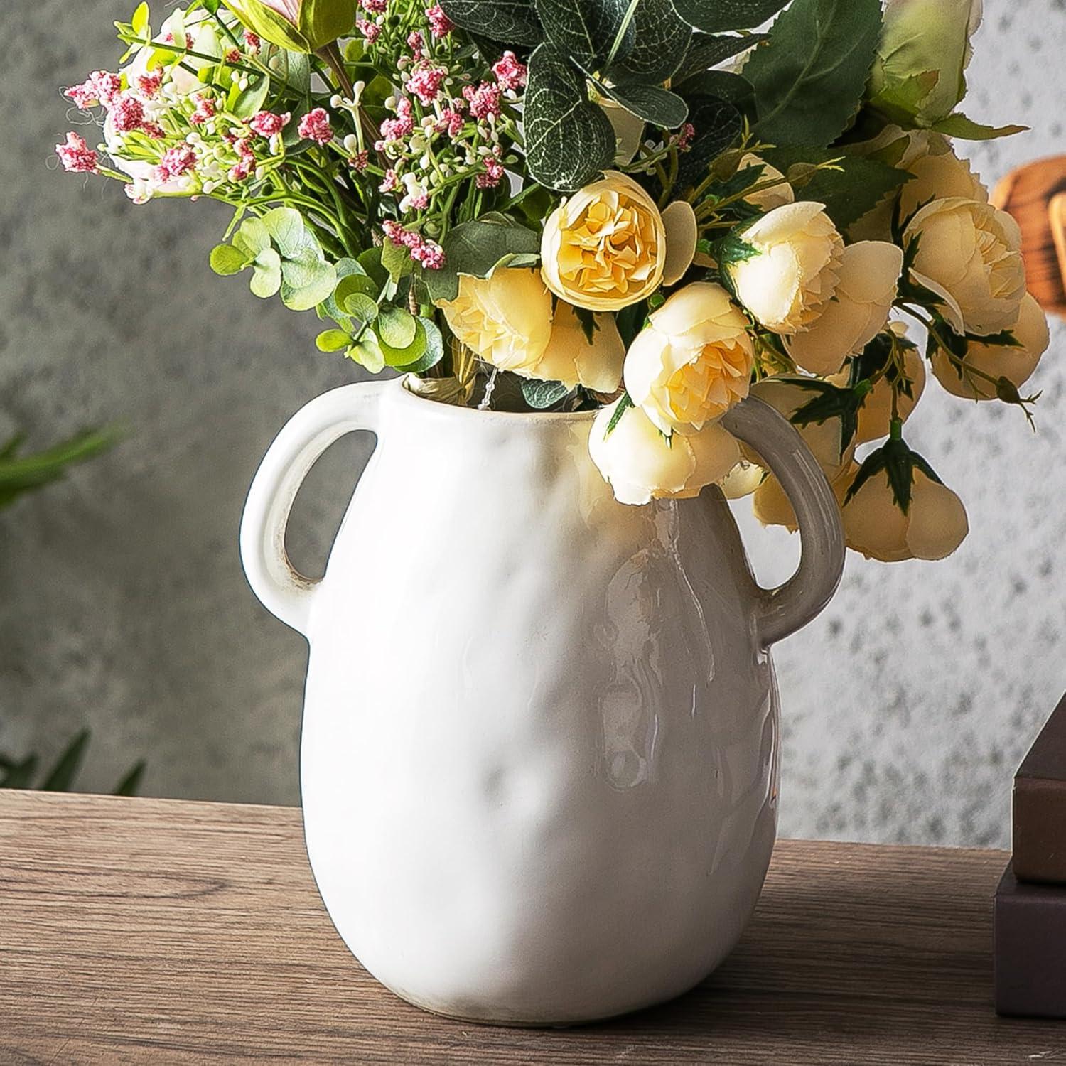 Grey Ceramic Vase with 2 Handles, Modern Farmhouse Vase for Home Decor, Rustic Terracotta Vase, Decorative Pottery Flower Vase, Clay Samll Vase, Centerpieces for Dining Table - 7 Inch Tall