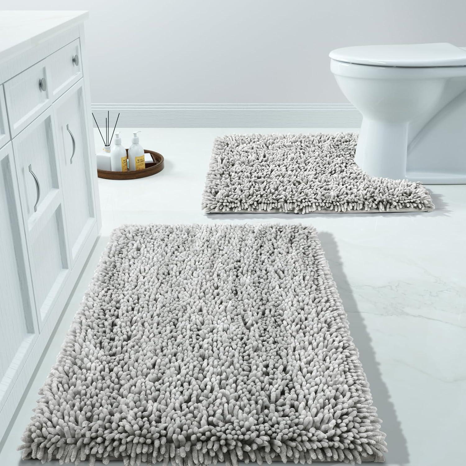 Light Gray Plush Chenille Non-Slip Bathroom Rug Set