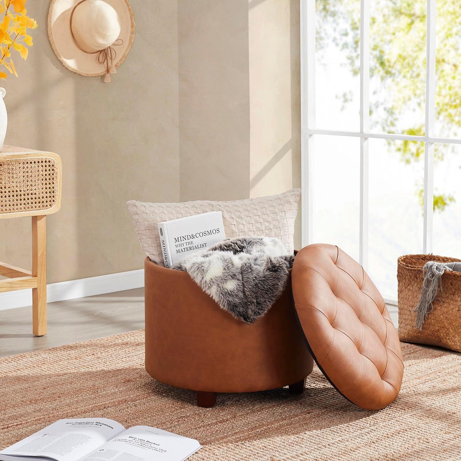 Ornavo Home Faux Leather Upholstered Round Tufted Storage Ottoman with Wooden Legs - Cognac