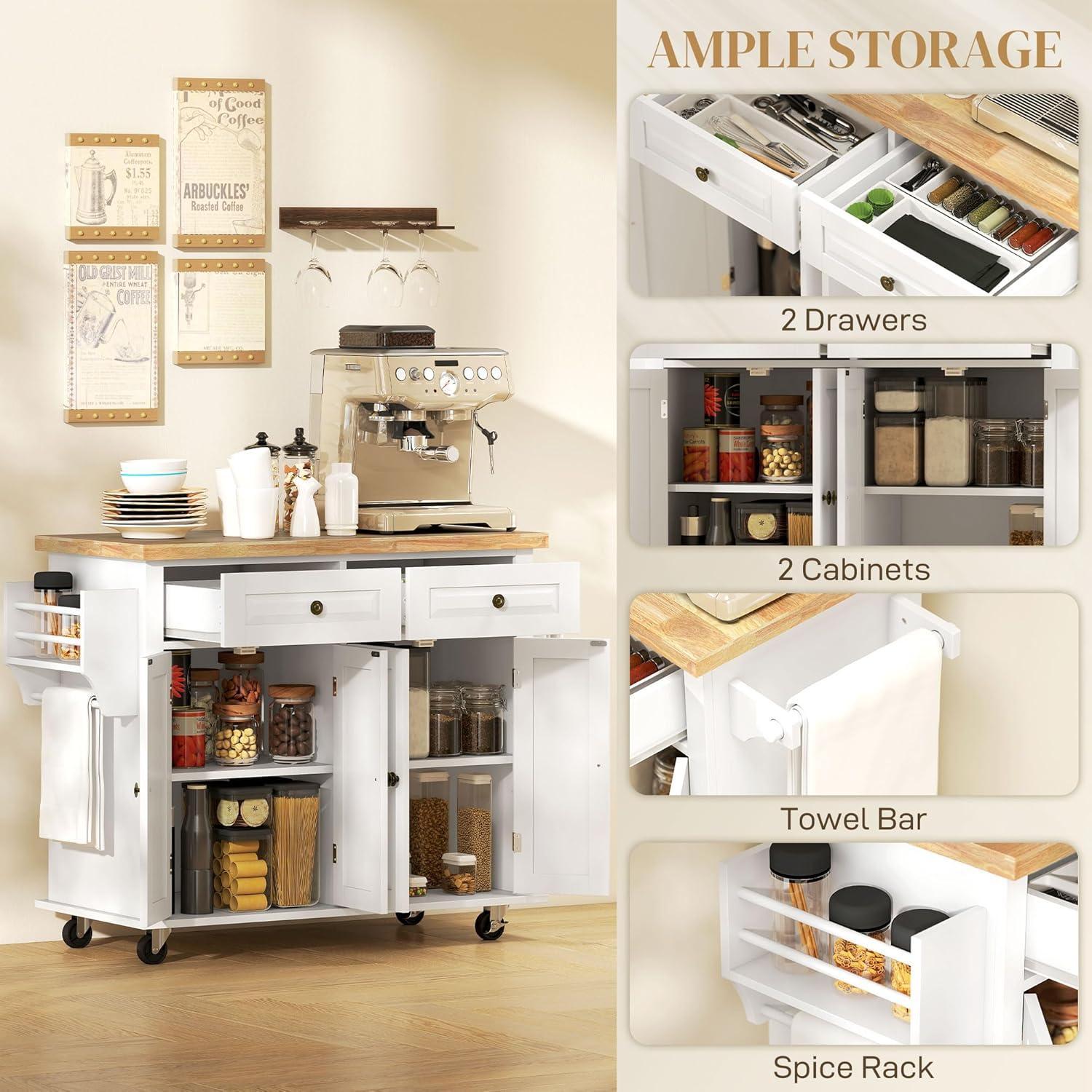 HOMCOM Kitchen Island on Wheels, Rolling Cart with Rubber Wood Top, Spice Rack, Towel Rack & Drawers for Dining Room, White