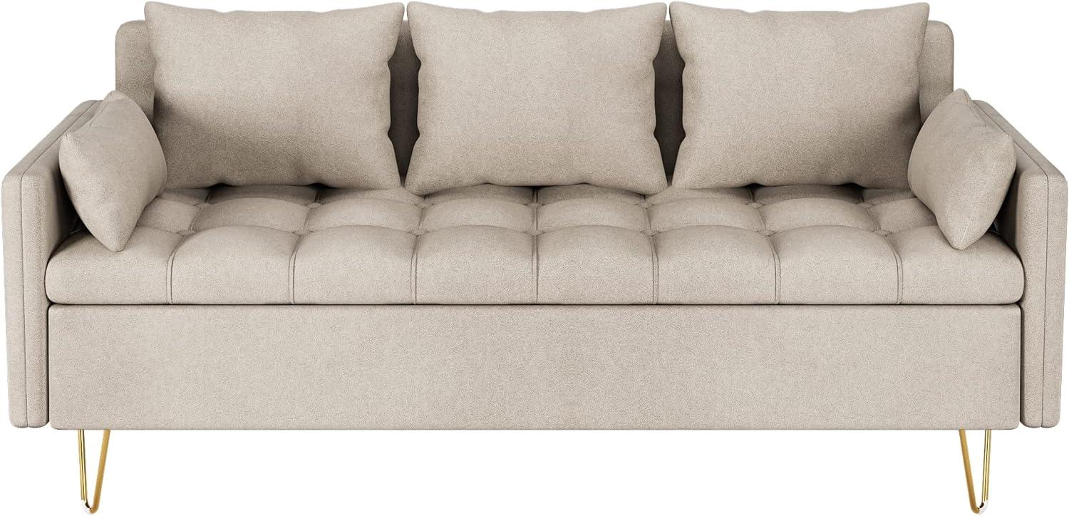 Beige Tufted Faux Leather Sofa with Storage and Gold Legs