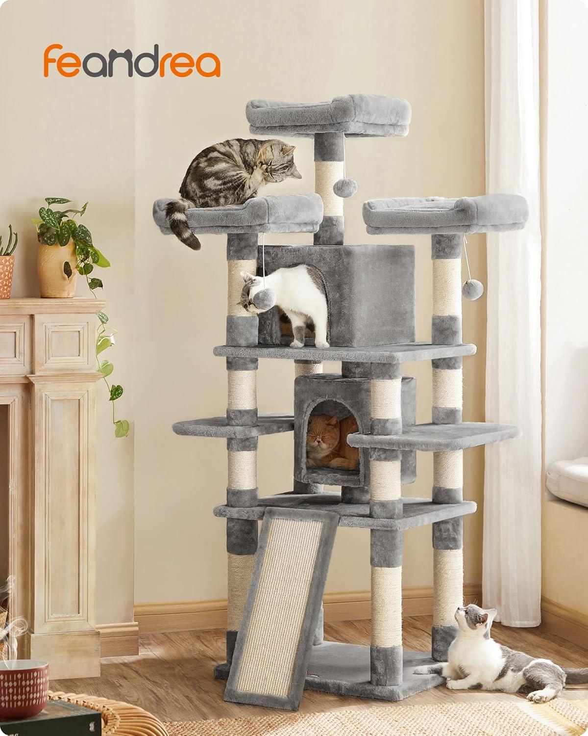 FEANDREA 67-Inch Multi-Level Cat Tree for Large Cats with Cozy Perches Stable Light Gray