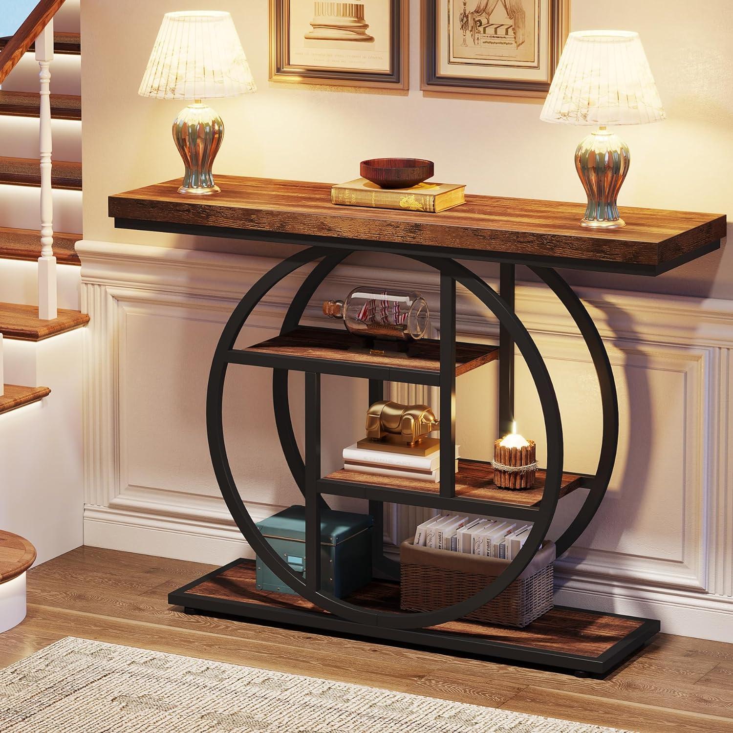 Rustic Brown Industrial 4-Tier Console Table with Circle Base