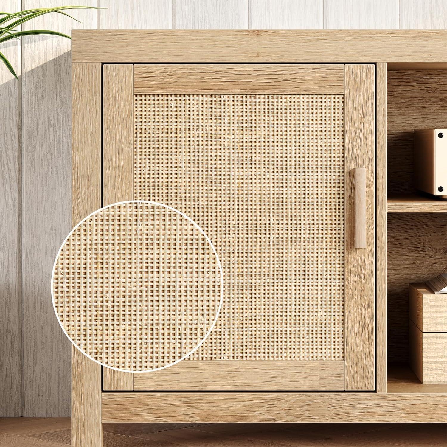 Whizmax Rattan TV Stand for 75 Inch, Boho Entertainment Center with 2-Tier Storage, Wooden Media Console Cabinet for Living Room Bedroom Natural Oak