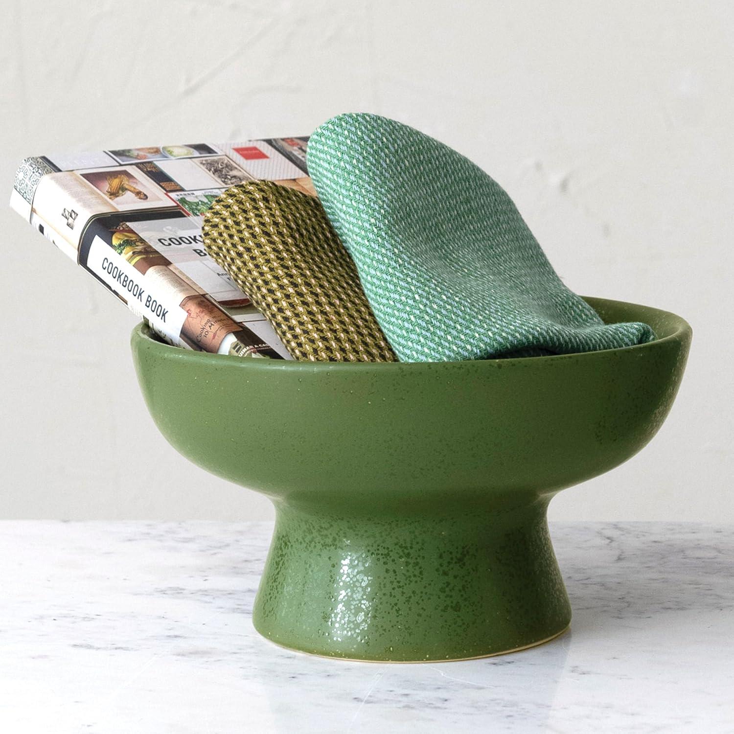 Creative Co-Op Stoneware Footed Bowl, Matte Green Reactive Glaze