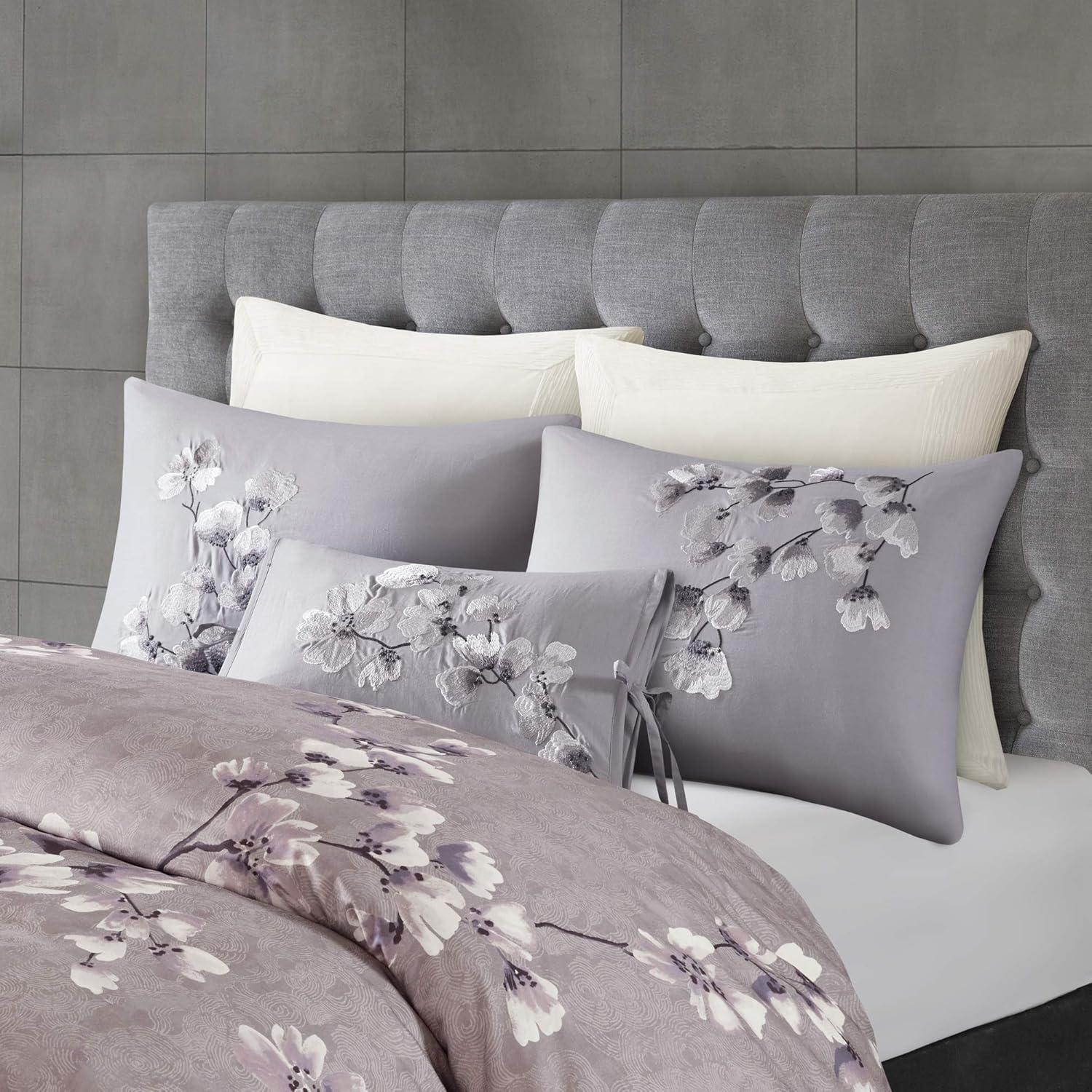 Lilac Cotton King Floral Duvet Cover Set with Embroidered Shams