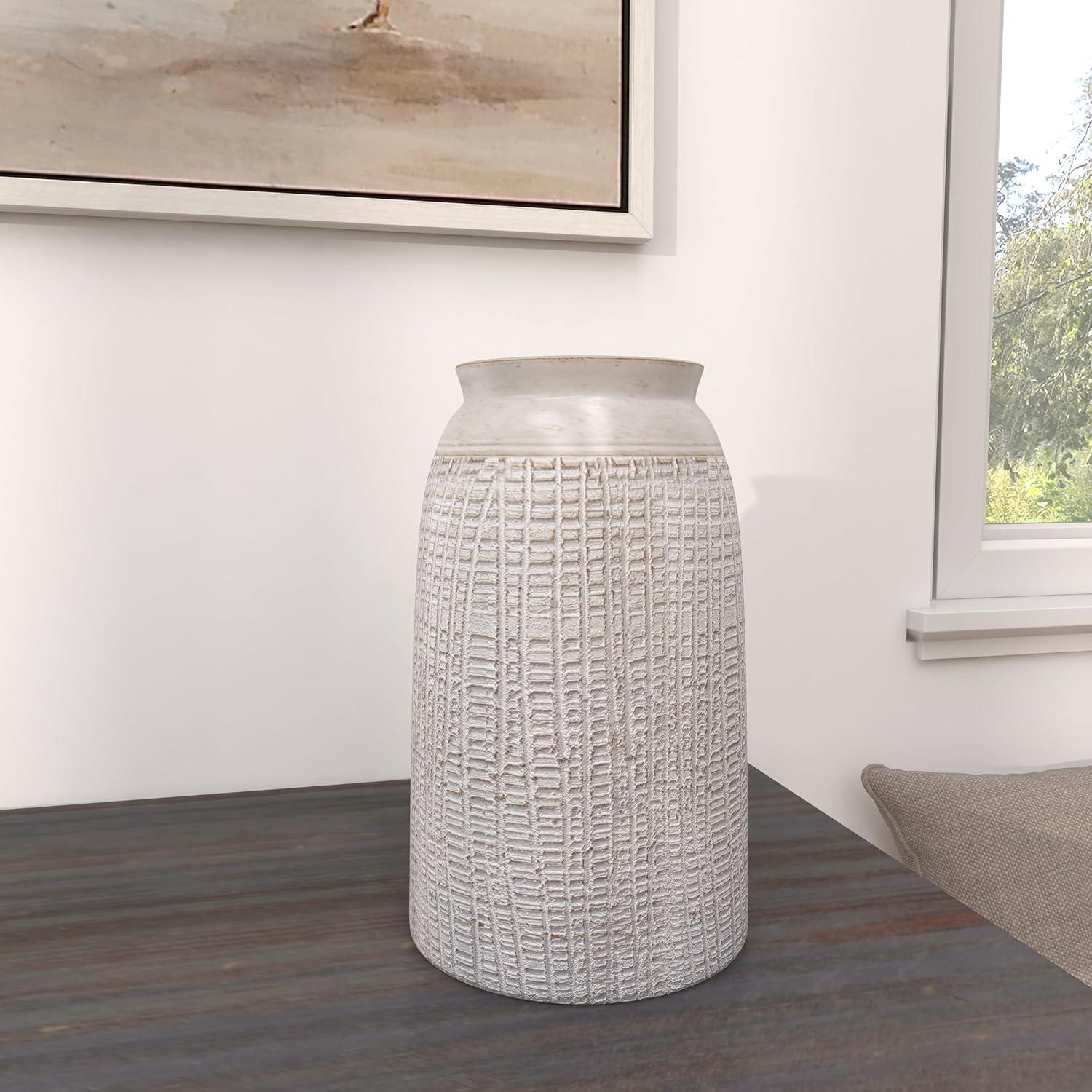 DecMode 11" Carved White Ceramic Vase with Crosshatch Design