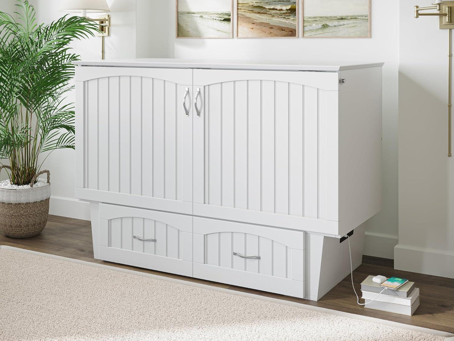 Nantucket Full Size Murphy Bed Chest with Mattress and Built-in Charger in White