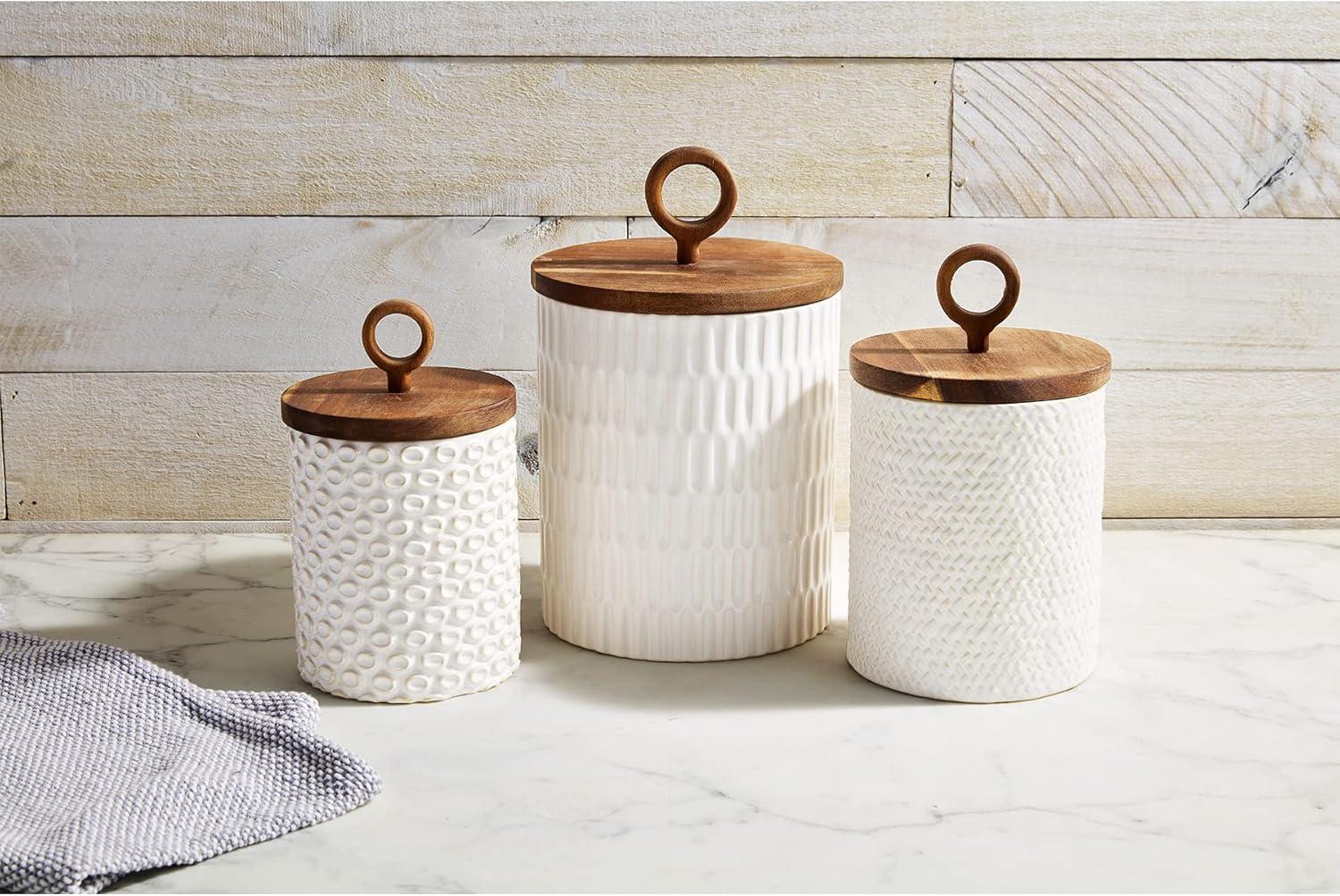 White Ceramic Textured Canister Set with Wooden Lids