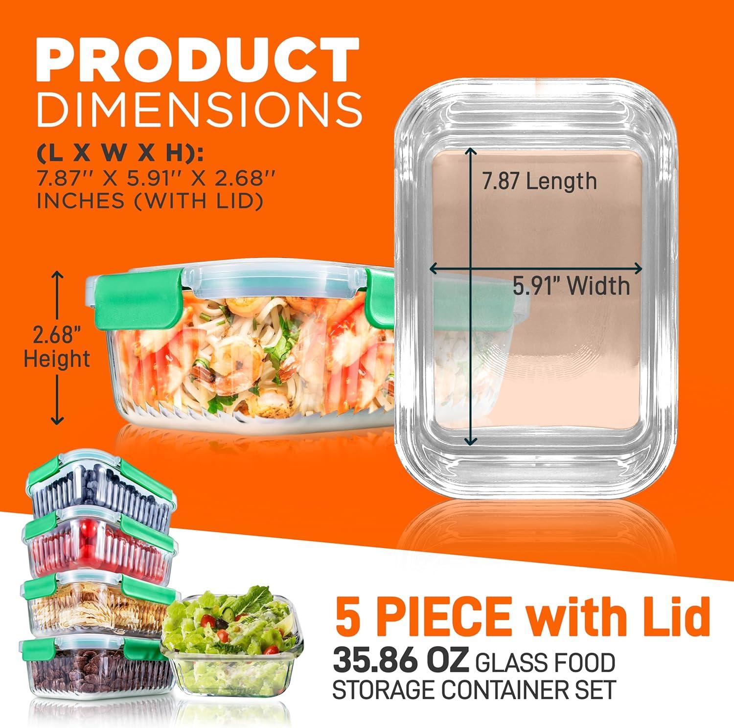 NutriChef 5-Piece Superior Glass Food Storage Containers Set - Stackable Design, Newly BPA-free Airtight Locking lids with Wave Design