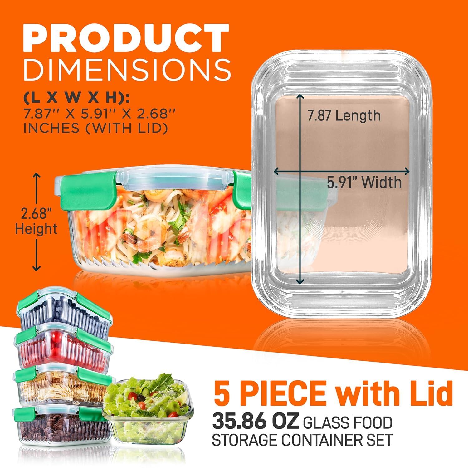 NutriChef 5-Piece Superior Glass Food Storage Containers Set - Stackable Design, Newly BPA-free Airtight Locking lids with Wave Design