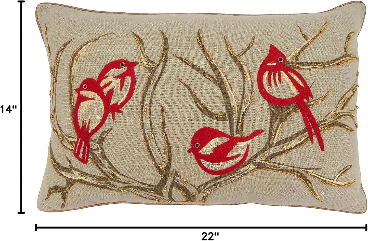 Saro Lifestyle Embroidered Bird + Branch Pillow - Poly Filled, 14"x22" Oblong, Natural