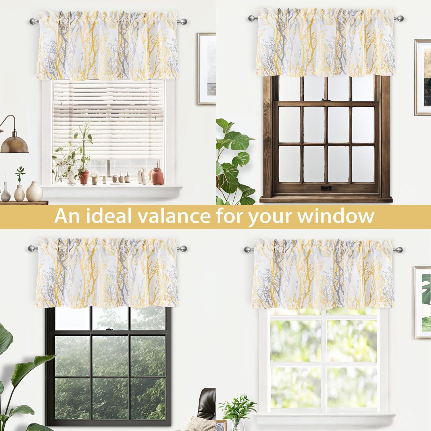 Yellow and Gray Tree Branch Thermal Insulated Rod Pocket Valance