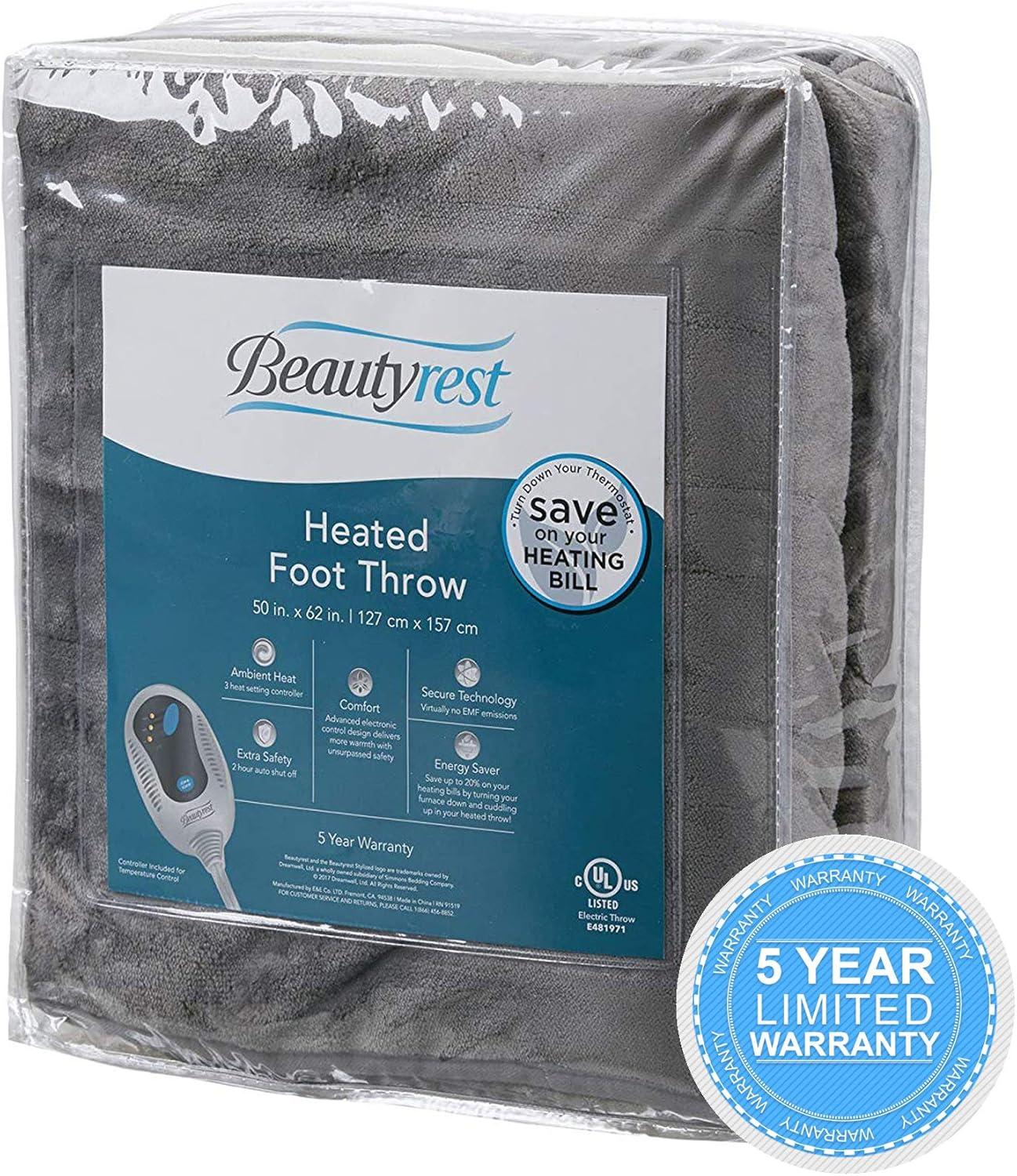 Beautyrest Throw Electric Heated Microlight Plush with Foot Pocket Throw 50x62 Gray
