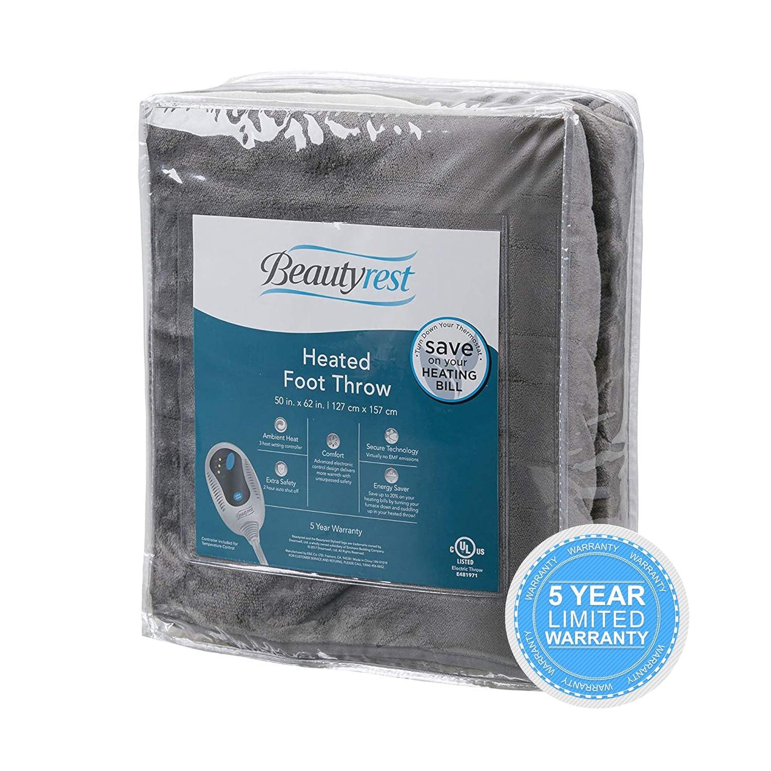 Beautyrest Throw Electric Heated Microlight Plush with Foot Pocket Throw 50x62 Gray